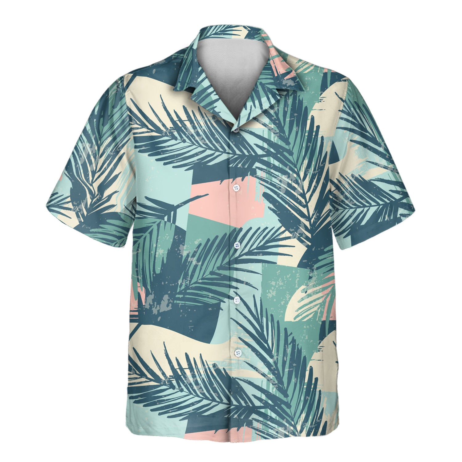 Vibrant custom Hawaiian shirts featuring color blocks and palm leaves. Personalize shirts with faces on them for a bold, tropical look year-round.