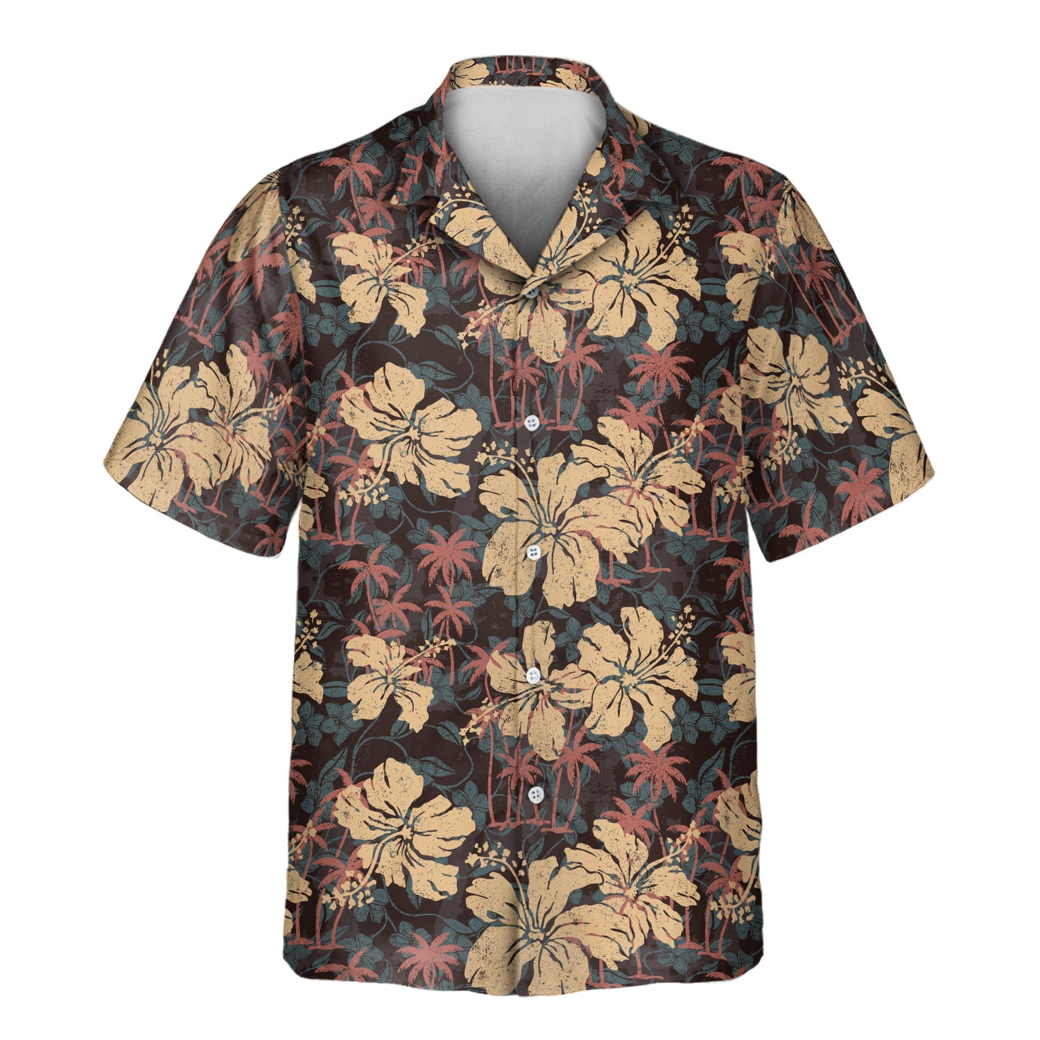 Get tropical with custom Hawaiian shirts featuring hibiscus and frangipani on a grunge texture. Personalize shirts with faces on them for unique flair.
