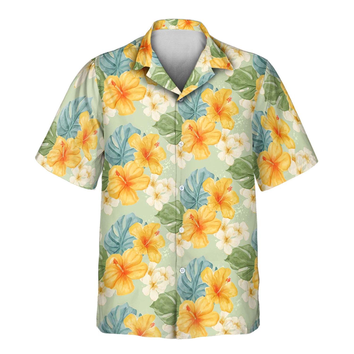 Brighten your look with custom Hawaiian shirts featuring yellow hibiscus and tropical plants. Personalize shirts with faces on them for a fun getaway style.