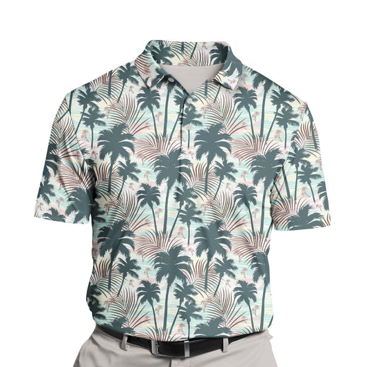 Customizable funny golf shirts featuring tropical designs and faces.