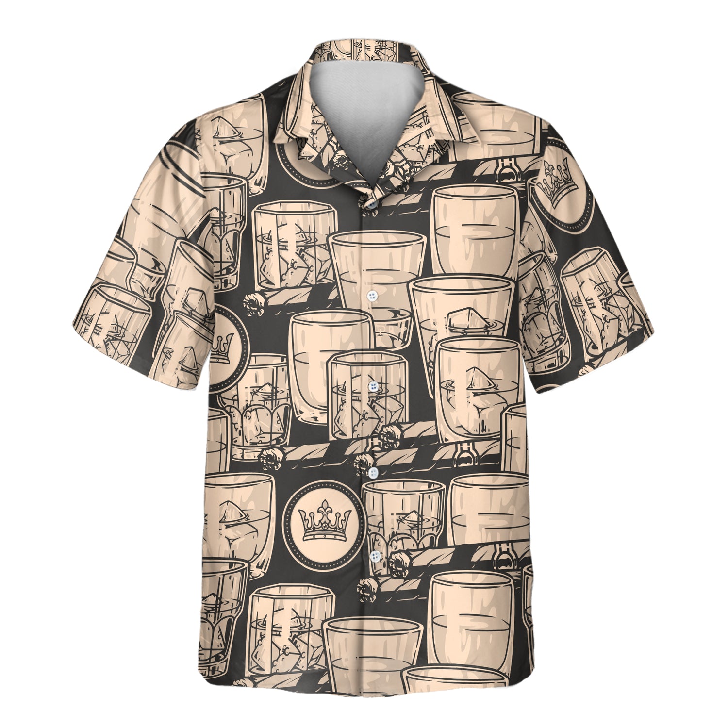 Classic custom Hawaiian shirts with whiskey and cigar patterns in monochrome. Add faces on them for a personalized, sophisticated tropical look.