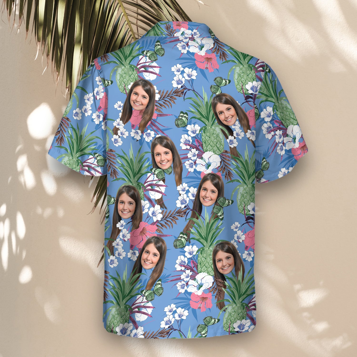 Stand out in custom Hawaiian shirts with faces on them, featuring flowers, pineapples, and palm leaves for a fun, vibrant look that works for any occasion.