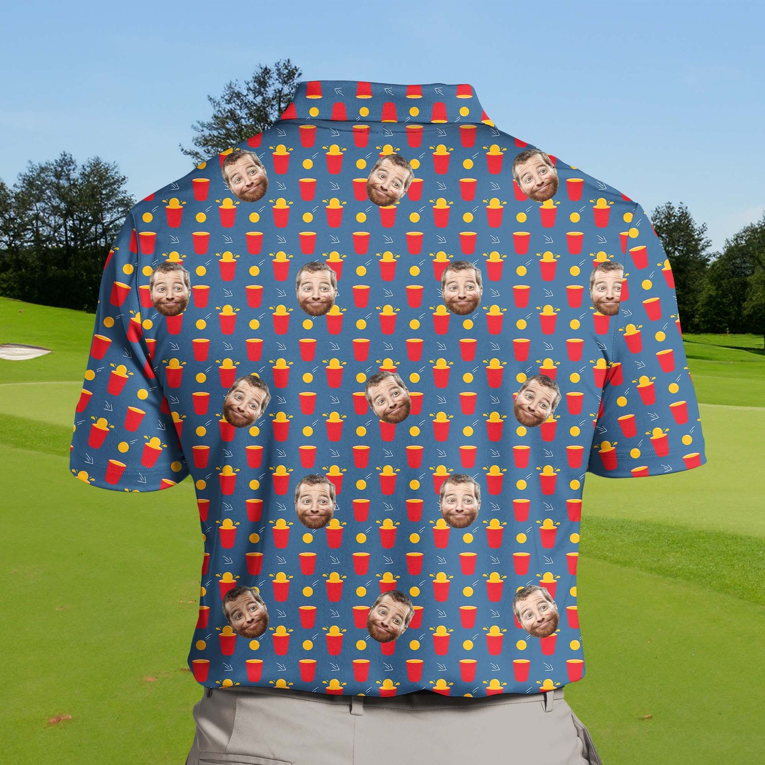 Group wearing funny golf shirts with faces on them, perfect for Beer Pong parties.