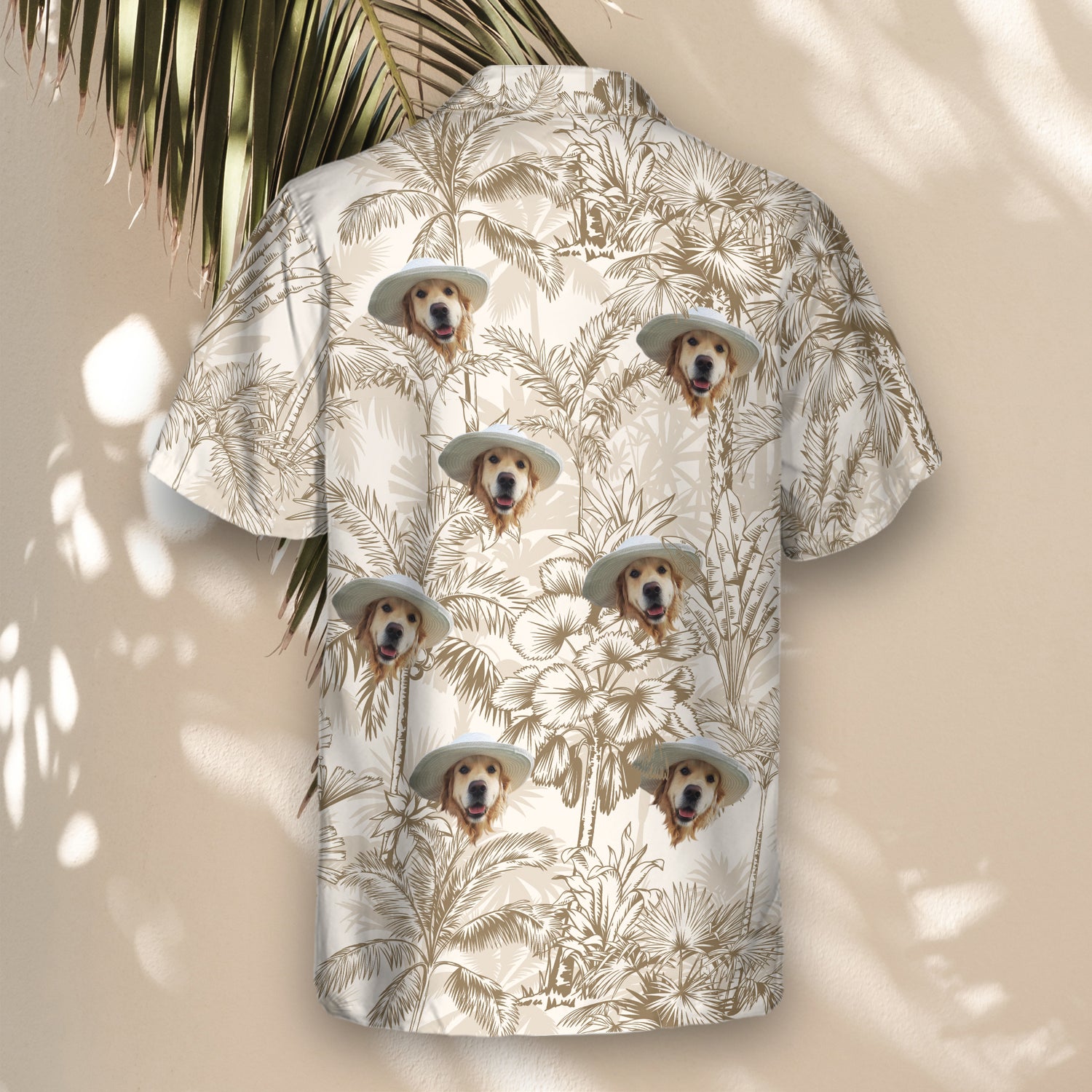 Custom Hawaiian shirts with palm trees and faces on them, bringing a chic, beige tropical vibe that's perfect for relaxed, stylish outings.