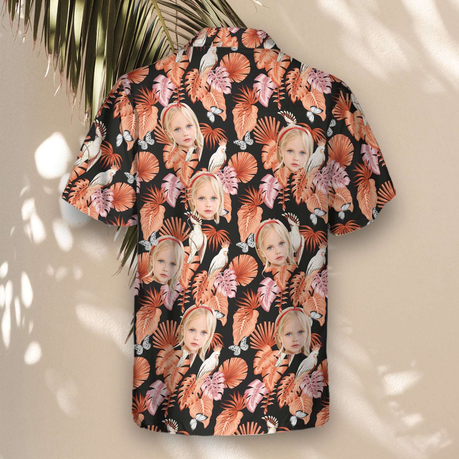 Tropical-themed Custom Hawaiian Shirts with Faces or Logos, designed with pink parrots, floral palm leaves, and vintage summer patterns.