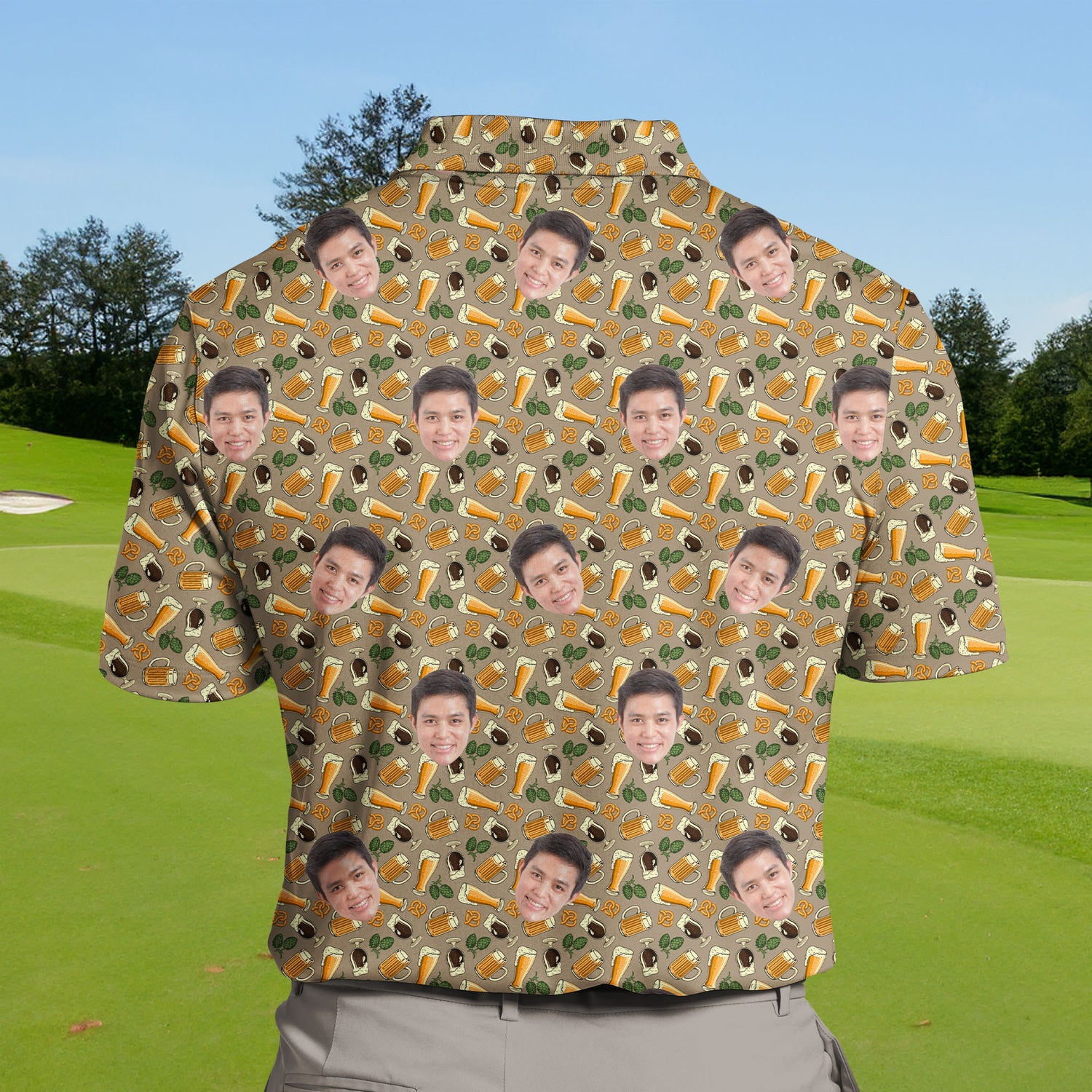 Team golf polos with humorous beer graphics and vibrant colors.