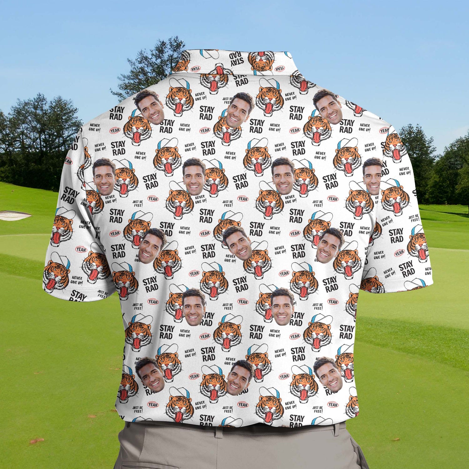 Big and tall funny golf shirts with faces, offering UV protection.