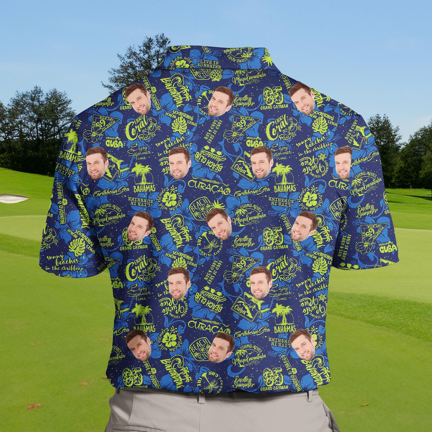Vacation-themed funny golf shirts with sea turtle graphics.