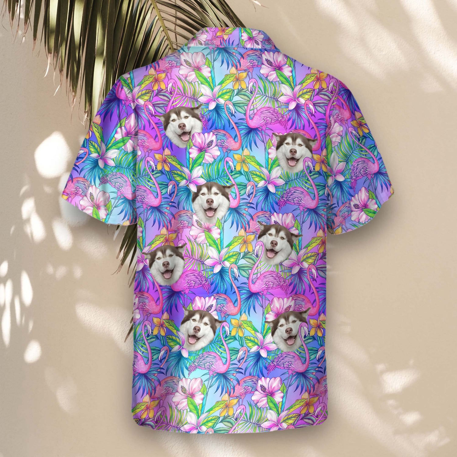 Flamingo Breeze Custom Hawaiian Shirts with Faces or Logos, showcasing colorful tropical flowers and flamingos in a chic, vibrant style.
