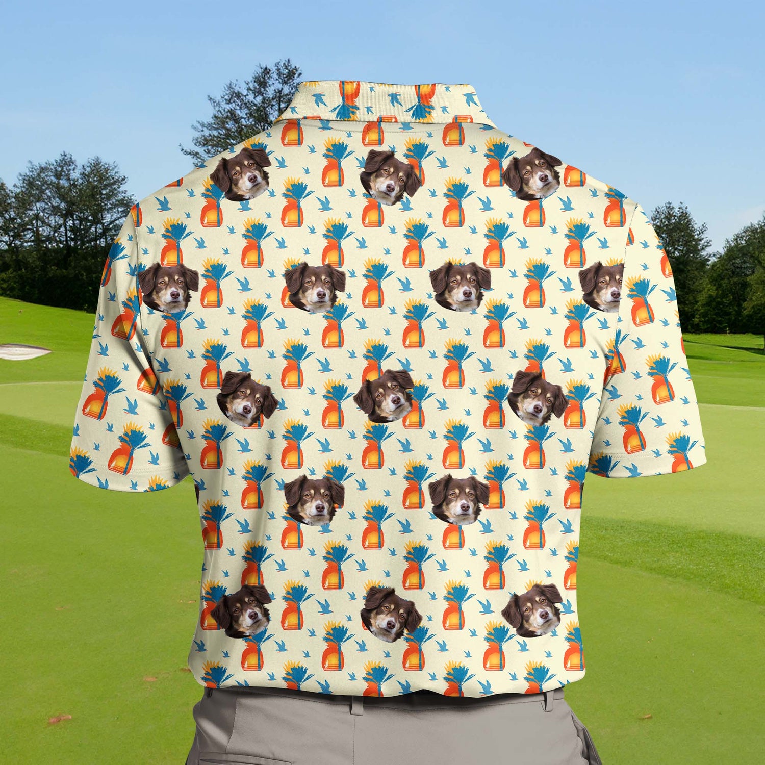 Beach-themed funny golf shirts with faces on them, perfect for summer outings.
