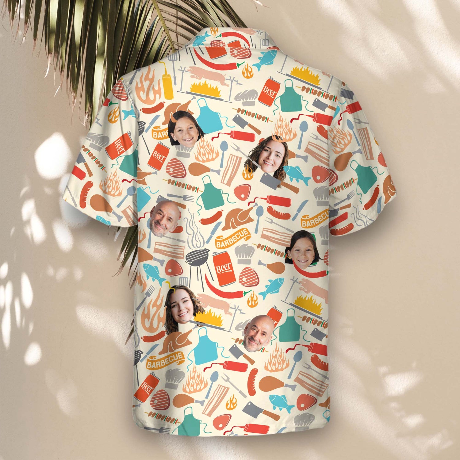 Custom Hawaiian shirts with faces on them, perfect for BBQ lovers! Grill master designs add a playful touch to your summer party outfit.