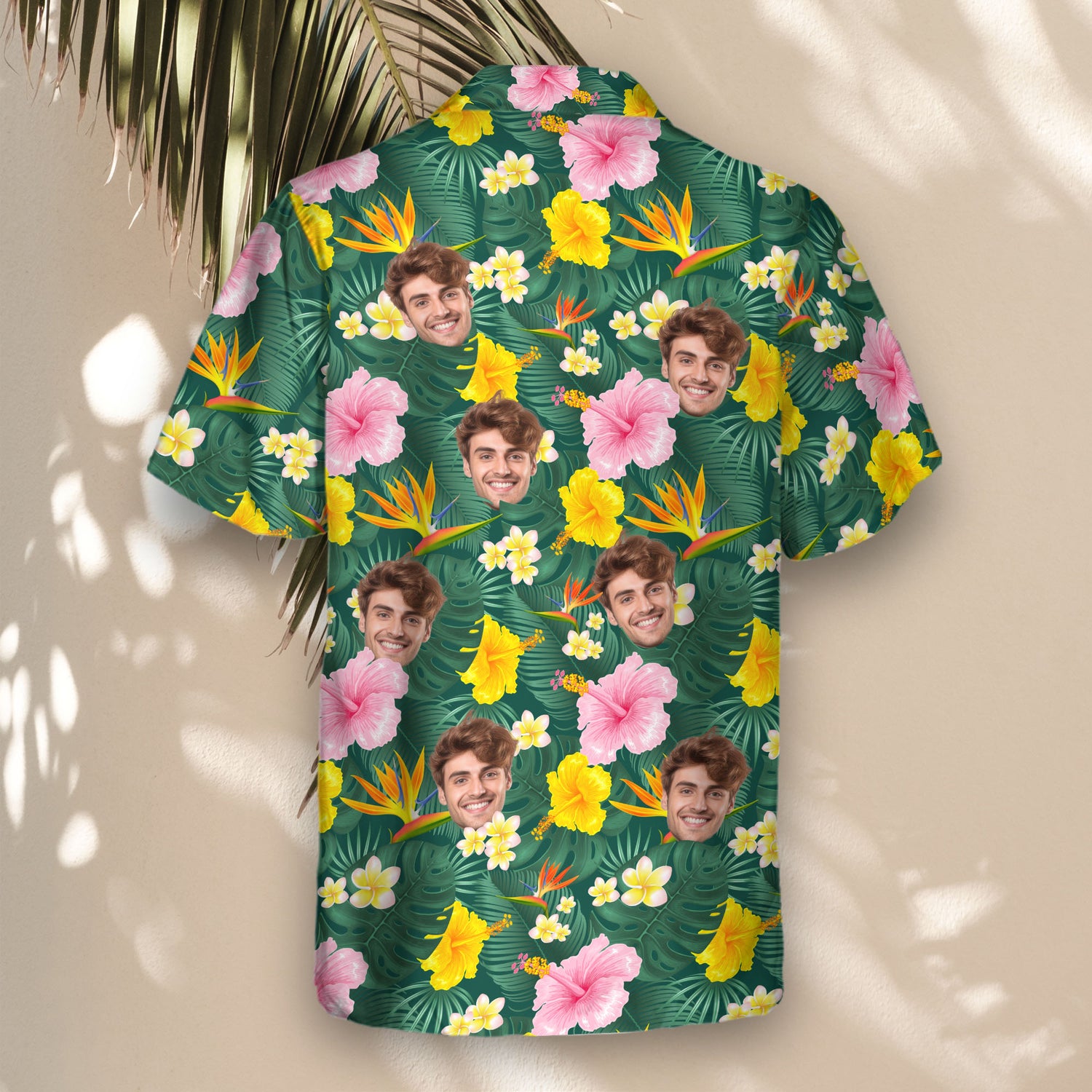 Bright and stylish custom Hawaiian shirts with faces on them, showcasing hibiscus, bird of paradise, and palm leaves, perfect for tropical getaways and summer fun.