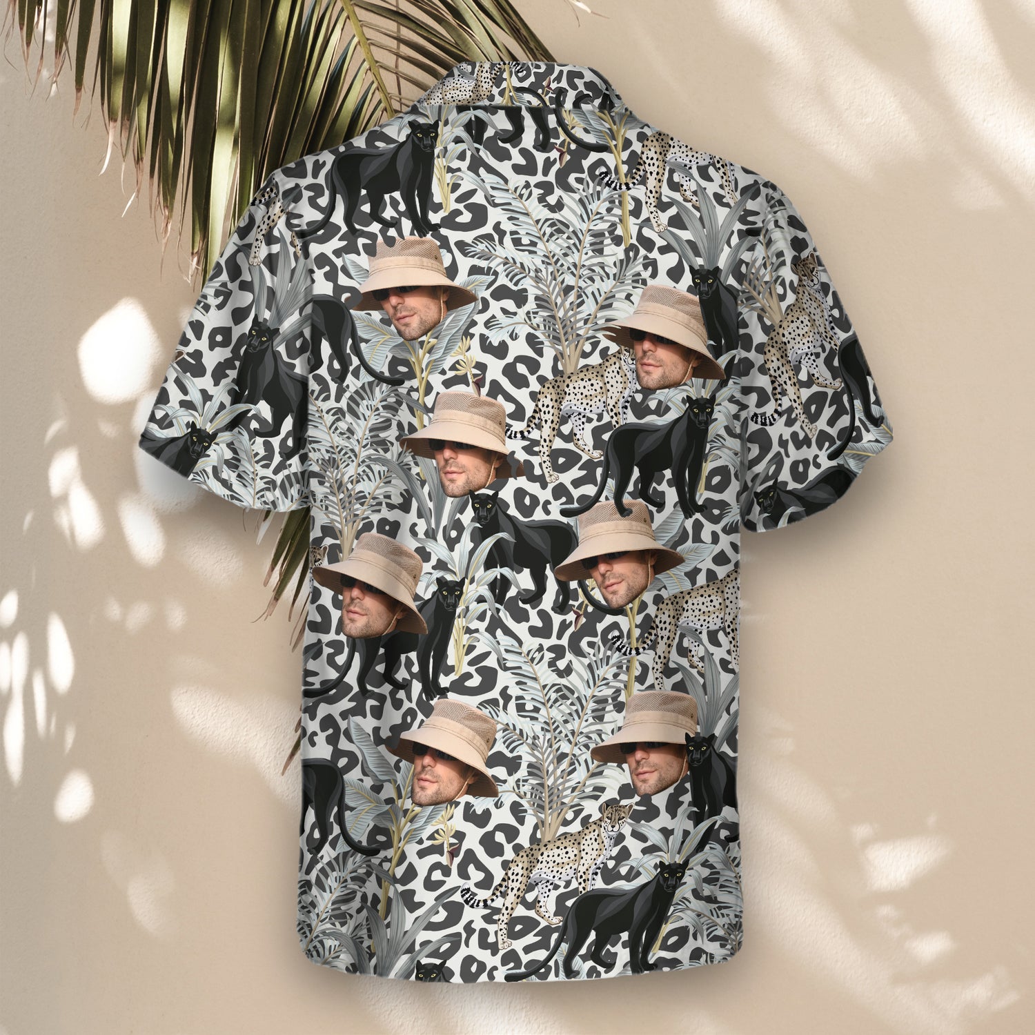 Wildlife-themed Custom Hawaiian Shirts with Faces or Logos, designed with fierce leopards, panthers, and tropical paradise elements.