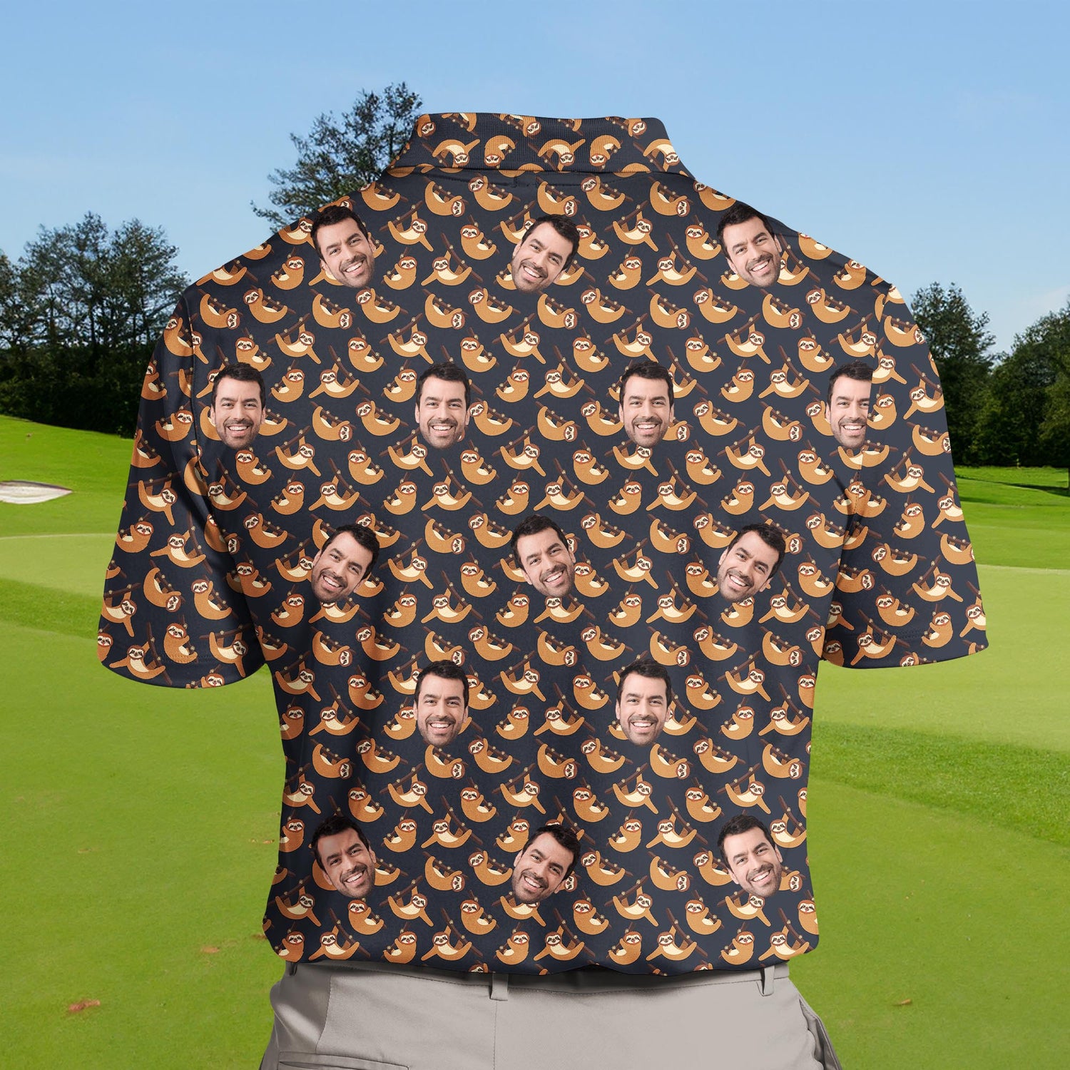 Adorable sloth designs on funny golf shirts with faces.