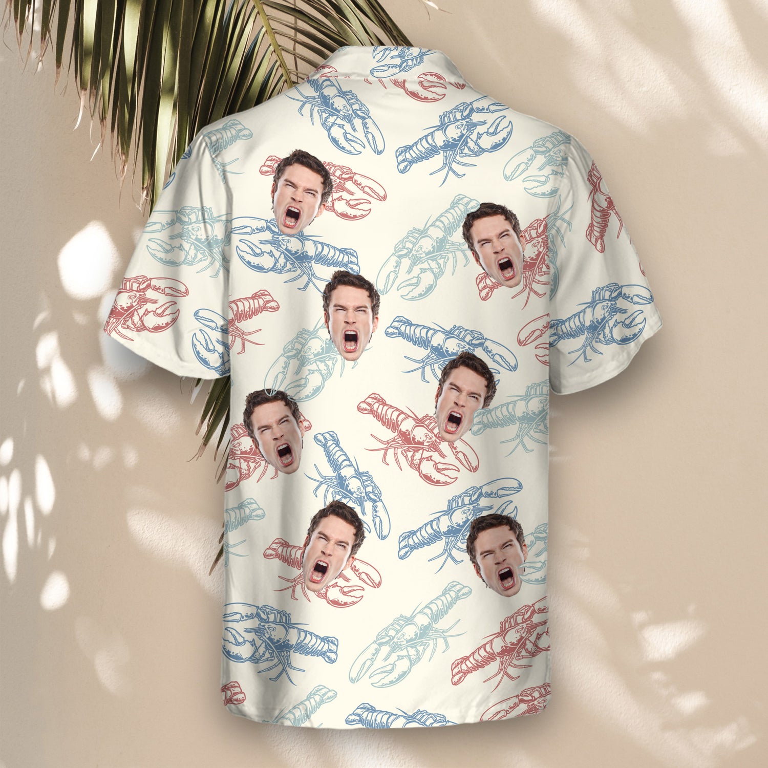 Custom Hawaiian shirts with faces on them and colorful lobsters on ivory, perfect for adding a playful, unique touch to any fun or festive event.