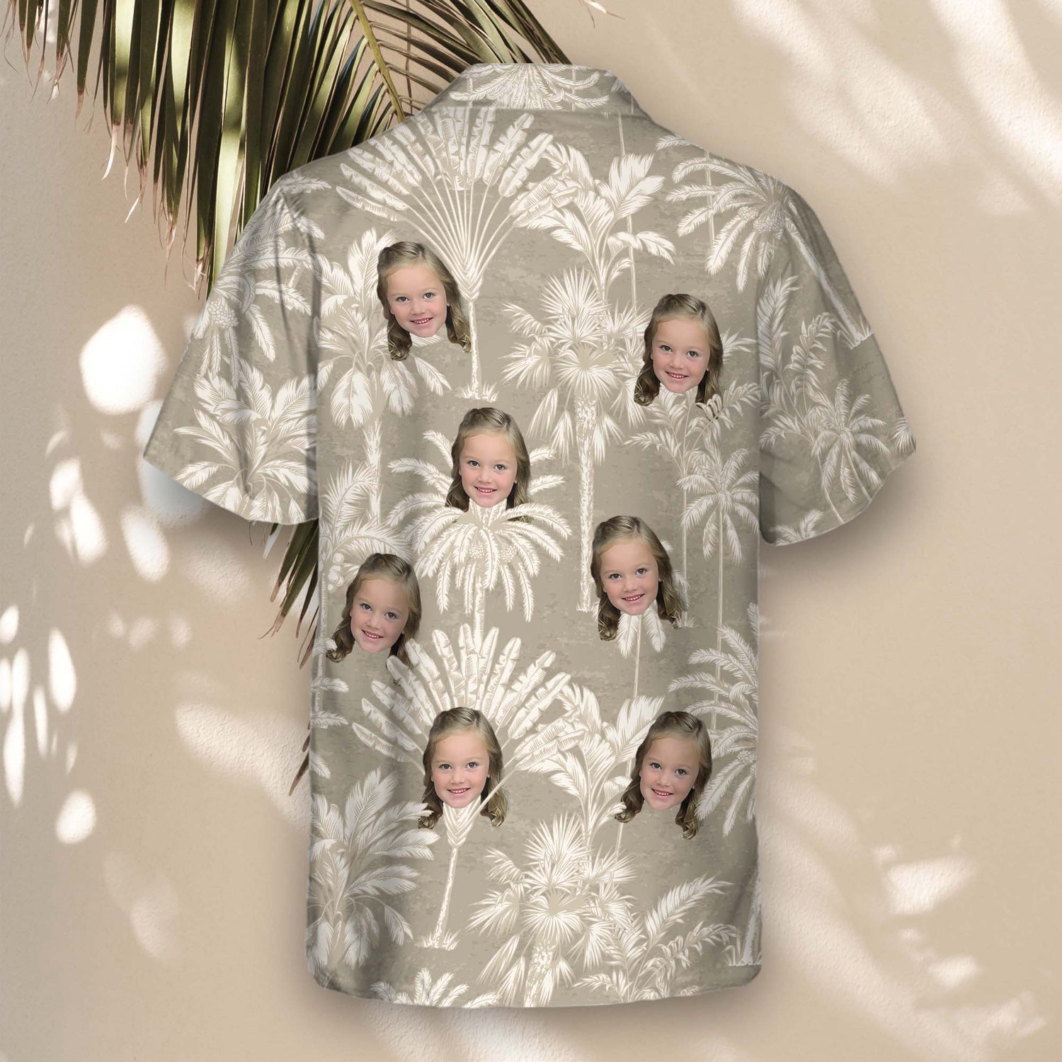 Stylish custom Hawaiian shirts with faces on them, featuring tropical tree motifs in a chic grey and ivory palette, perfect for any casual or elegant event.