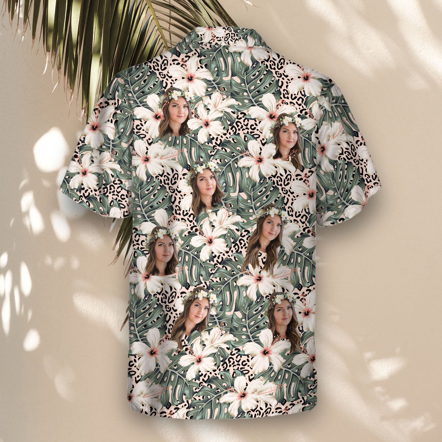 Vibrant custom Hawaiian shirts with hibiscus, monstera leaves, and a leopard print. Fun shirts with faces on them, perfect for vacations and beachwear.