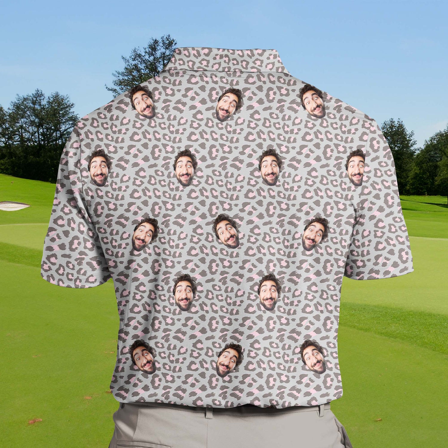 Breathable funny golf shirts with faces in vibrant colors.