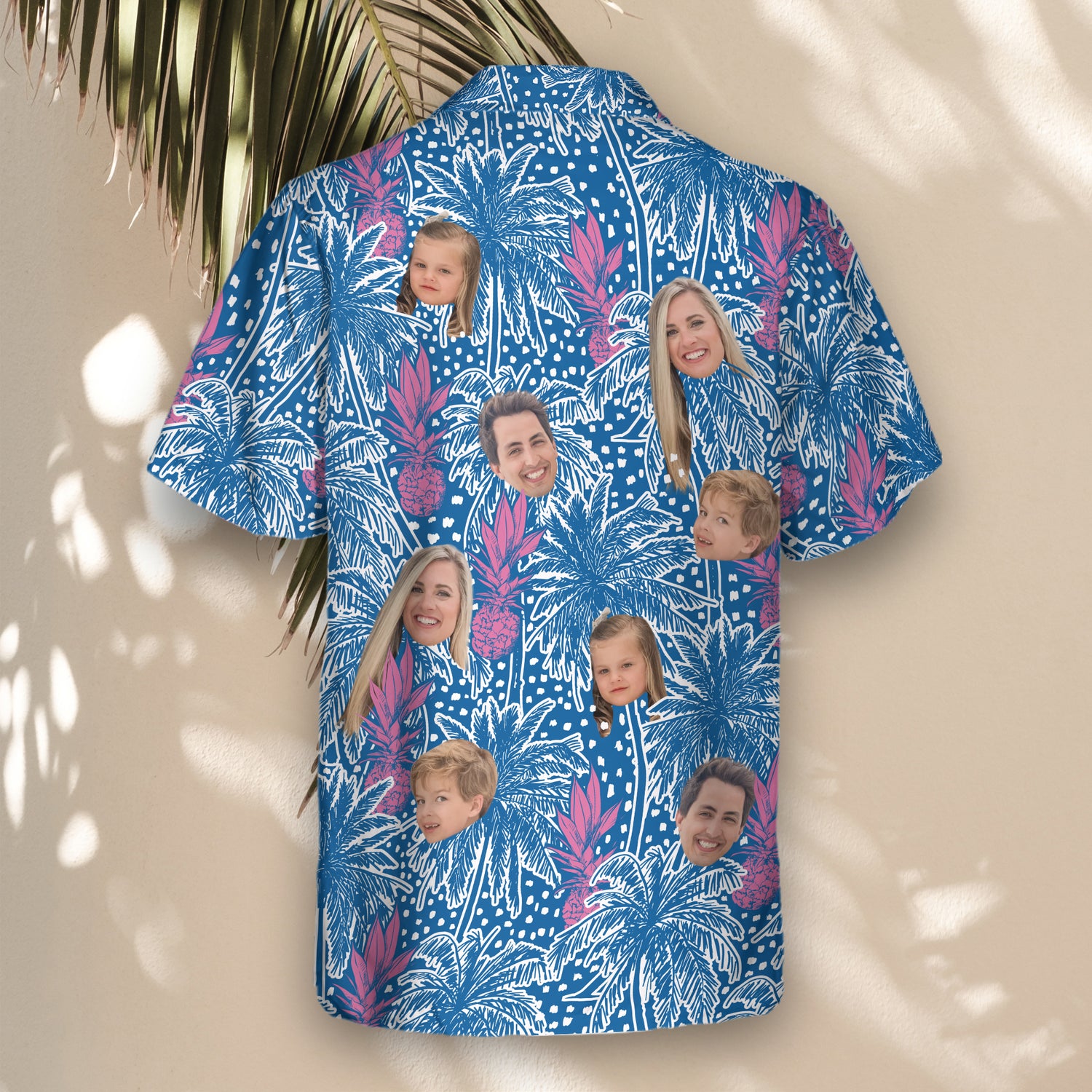 Beachy custom Hawaiian shirts with faces on them, featuring palm trees, pineapples, and polka dots, perfect for adding tropical fun to any event or vacation.