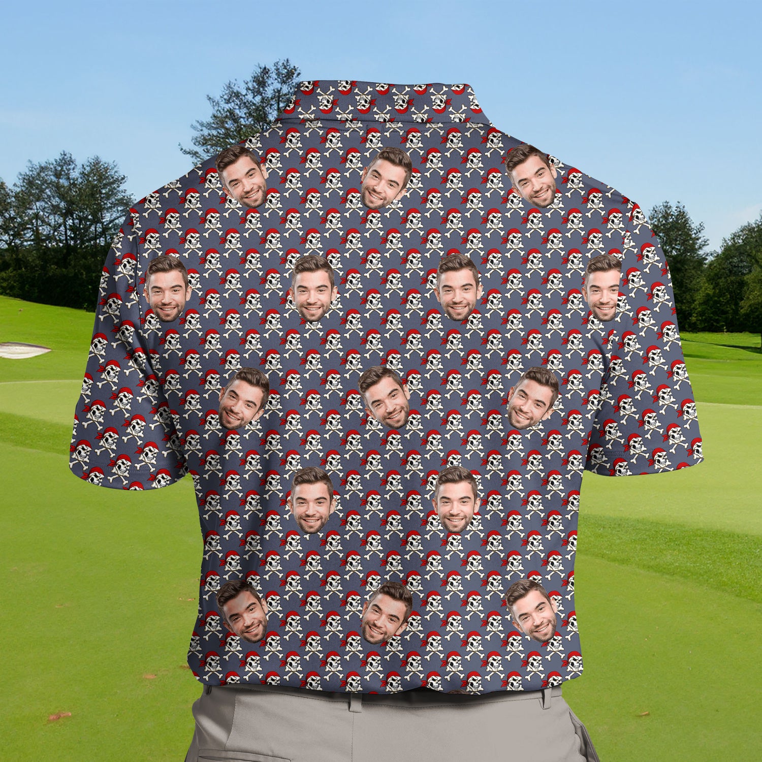 Cooling fabric funny golf shirts with faces on them in tall sizes.
