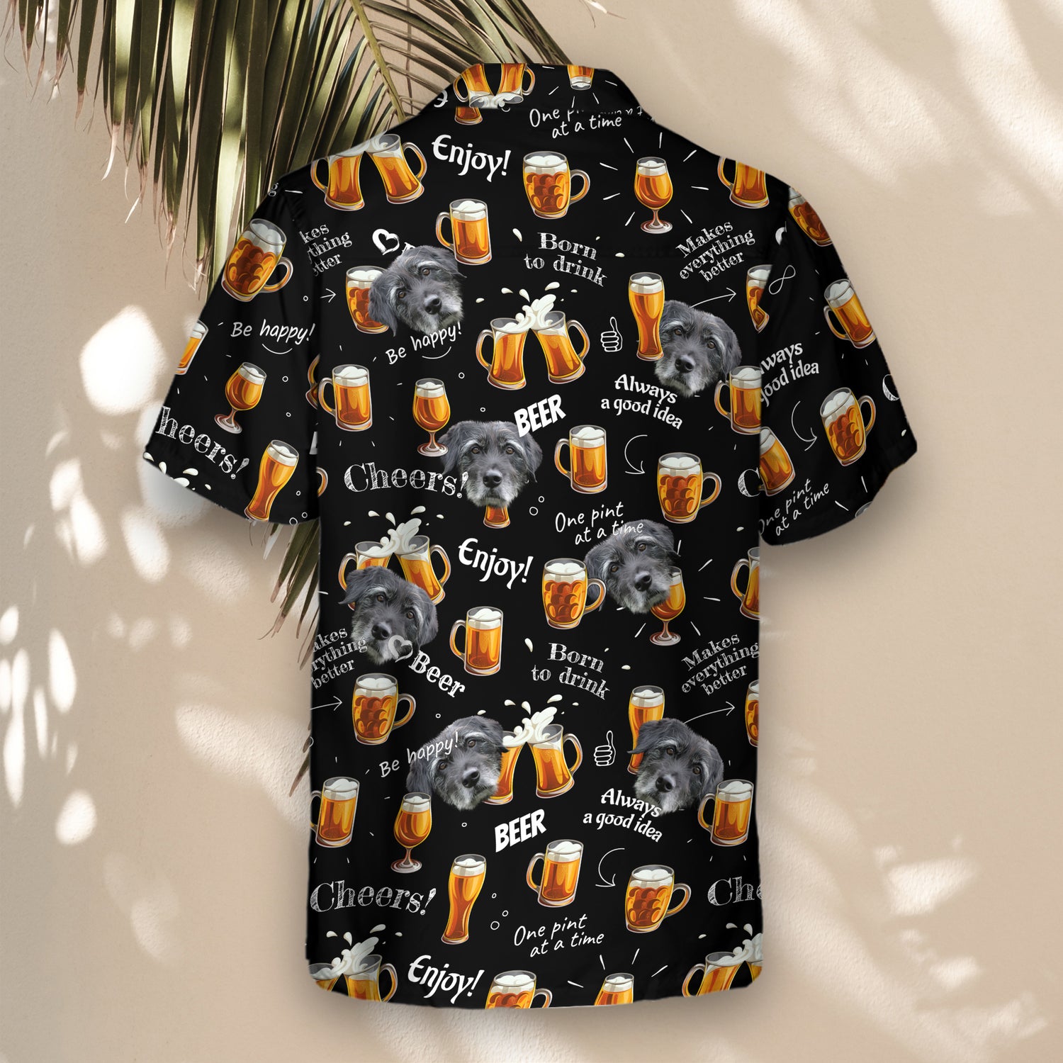 Raise a toast with custom Hawaiian shirts showcasing beer glasses and shirts with faces on them, ideal for party lovers and brew enthusiasts.