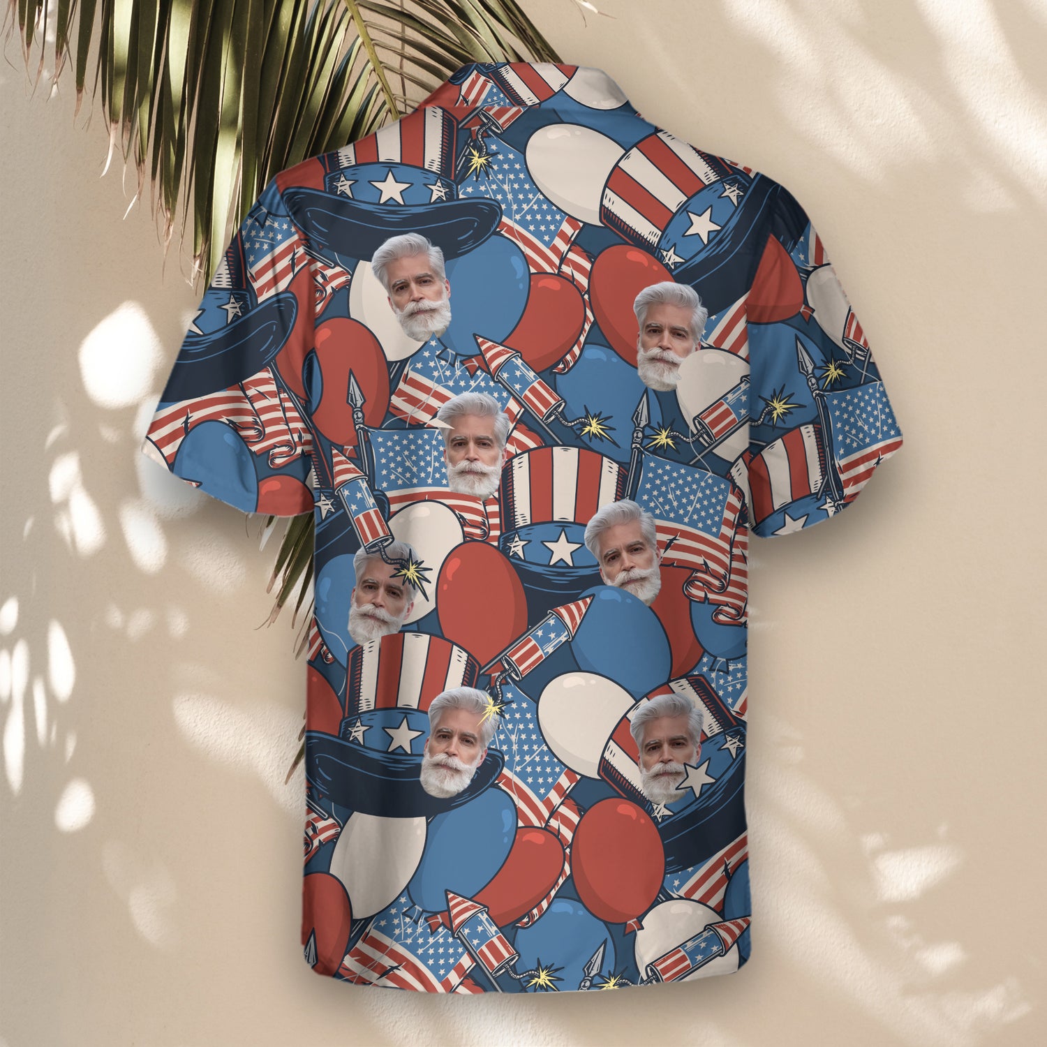 Patriotic custom Hawaiian shirts with faces on them, adorned with American flags, Lincoln hats, and red, white, and blue colors, perfect for celebrating in style.