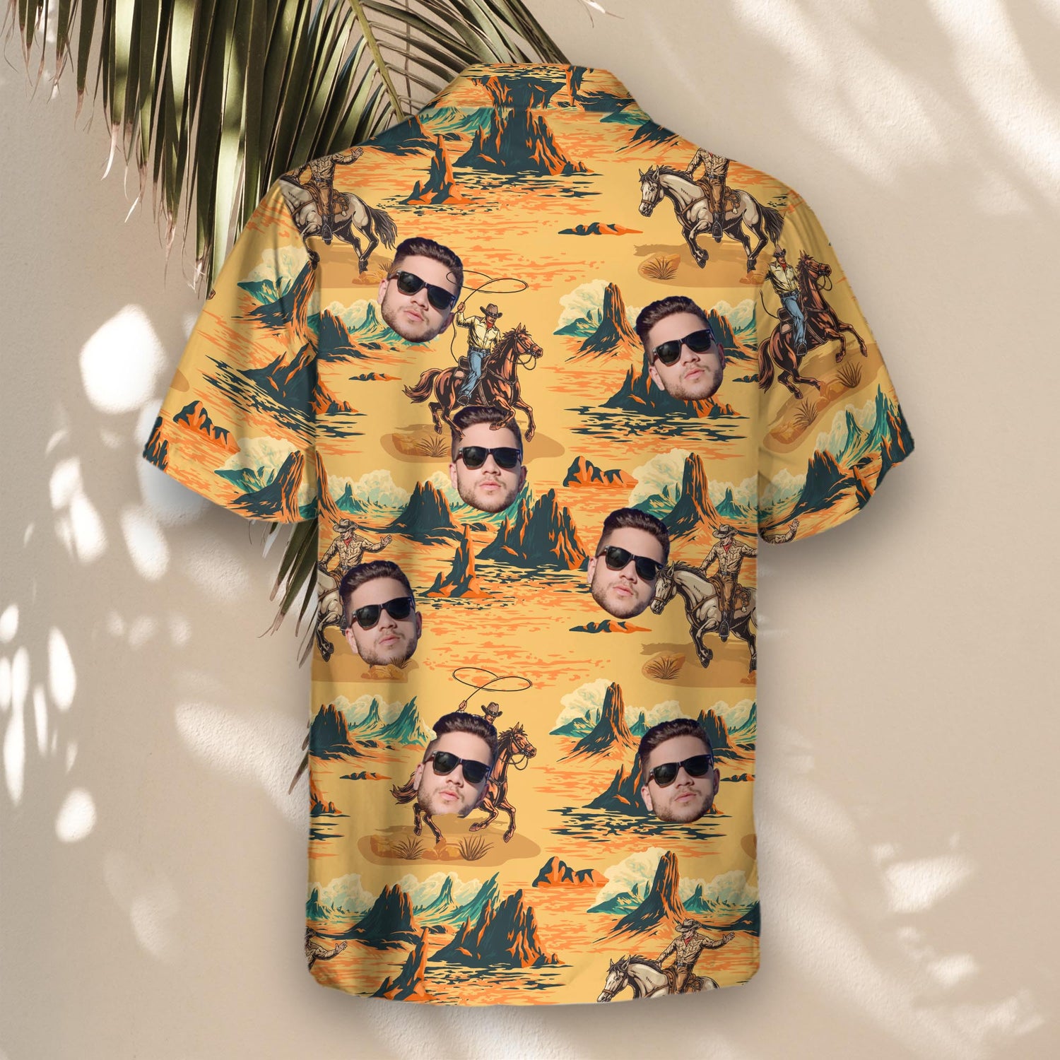 Bold custom Hawaiian shirts with faces on them, featuring retro cowboys and horses in Western landscapes, perfect for showing off your inner cowboy in style.