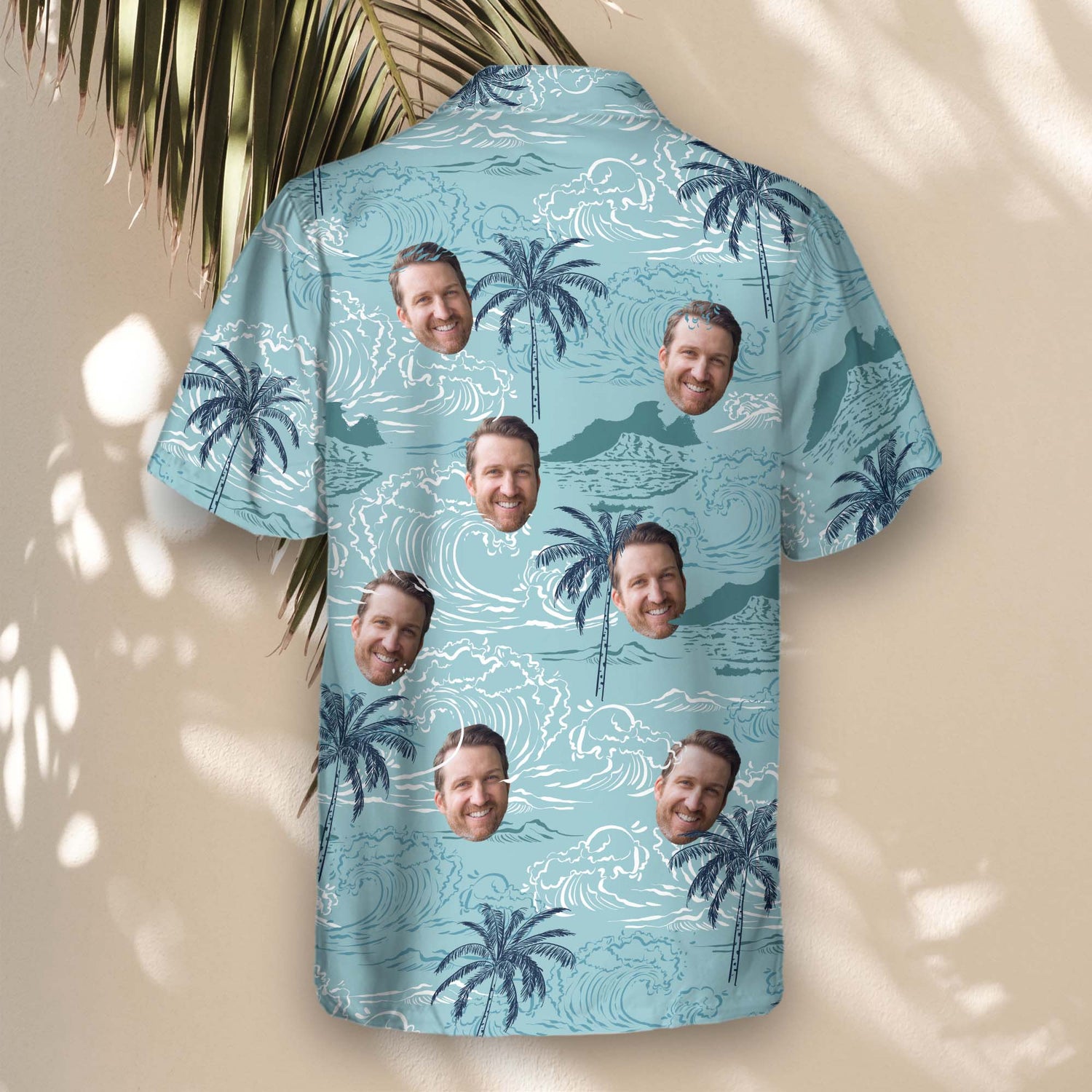 Classic custom Hawaiian shirts with faces on them, featuring retro ocean waves and palm trees, perfect for anyone who loves a fun, beachy style.