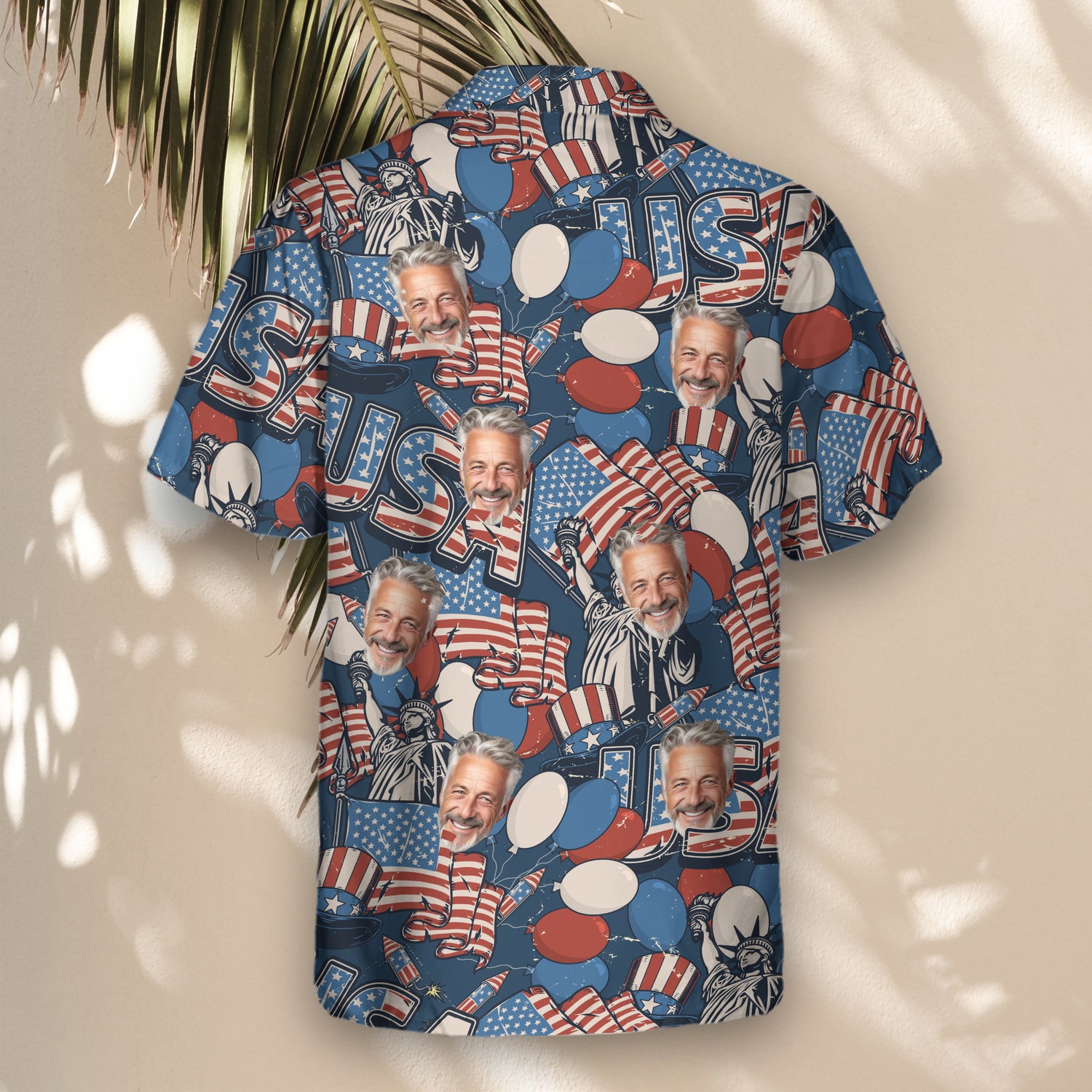 Show your American pride with custom Hawaiian shirts with faces on them, featuring vintage USA flag patterns, perfect for Independence Day celebrations.