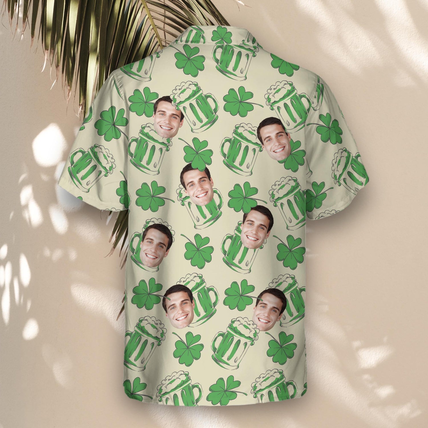 Get festive with custom Hawaiian shirts with faces on them, featuring shamrocks and clovers in vibrant green, perfect for Saint Patrick's Day fun.