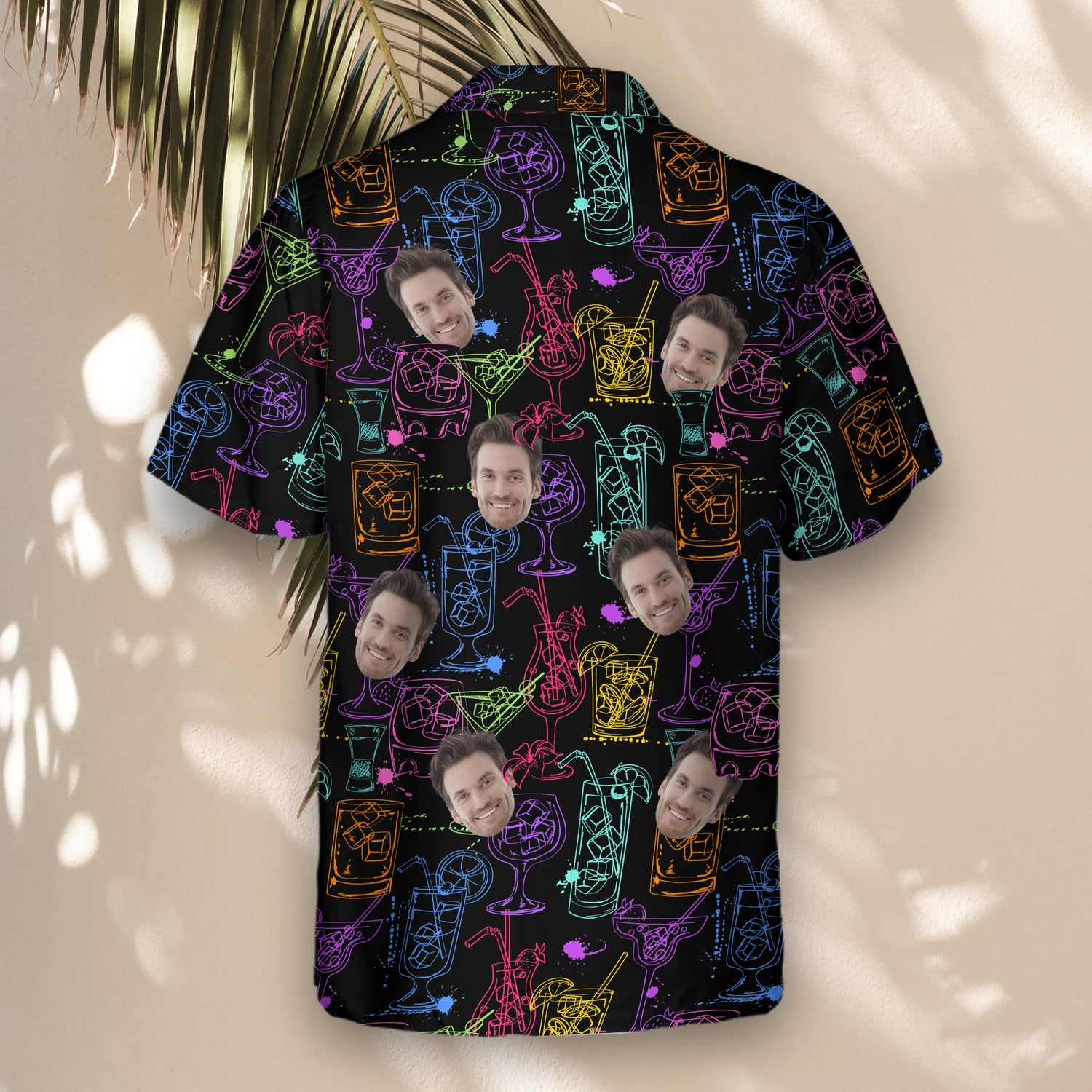 Stand out in Sip & Sway Custom Hawaiian Shirts with Faces or Logos, showcasing colorful cocktail drinks and vibrant summer styles.