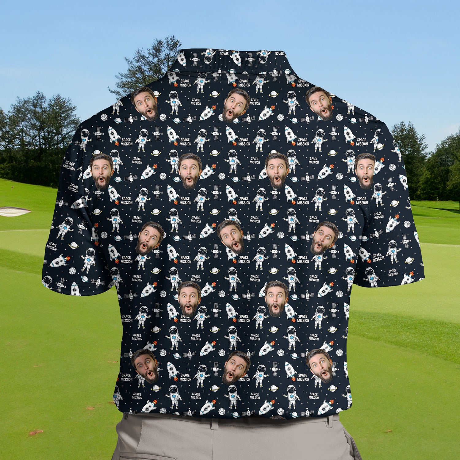 Breathable funny golf shirts with faces on them for kids.
