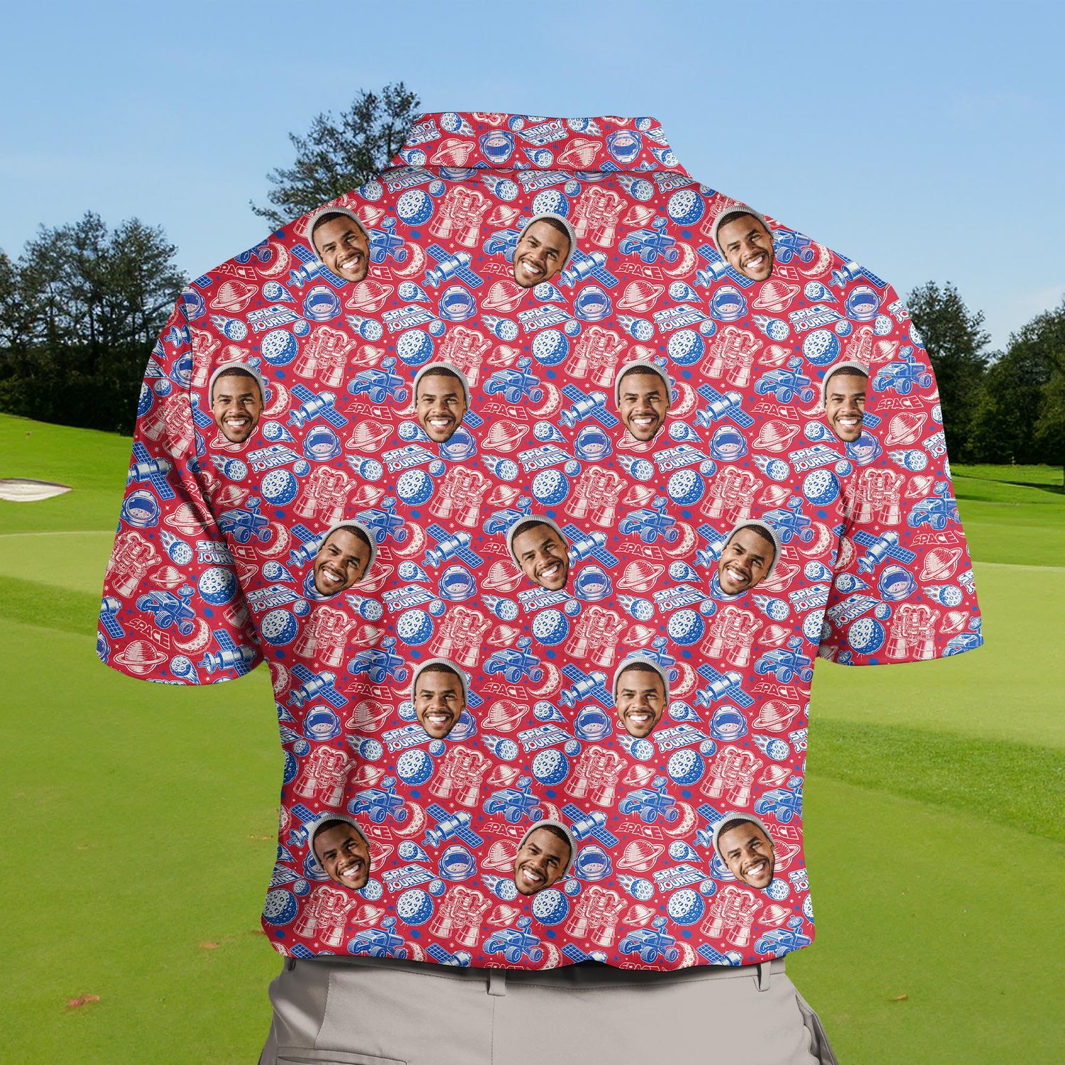 Colorful funny golf shirts with faces on them showcasing galaxies.
