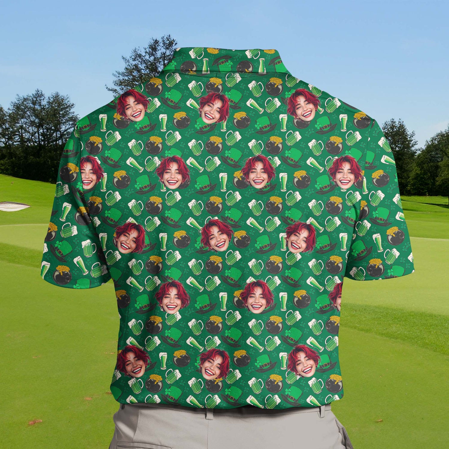Customizable funny golf shirts with faces on them for St. Patrick’s Day.