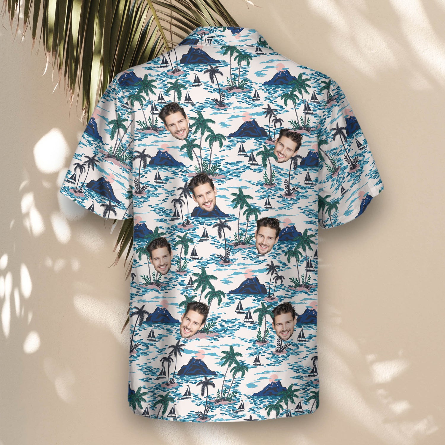 Stand out in Sunset Sail Custom Hawaiian Shirts with Faces or Logos, featuring colorful mountains, sunset, and palm trees for a beachy look.