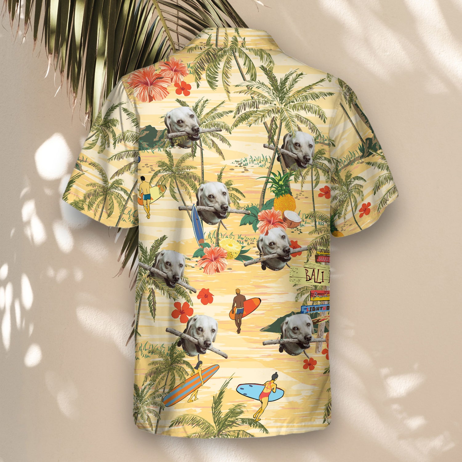 Tropical custom Hawaiian shirts with faces on them, showcasing surfers and palm trees on a light yellow backdrop. Great for island style and casual beach outings.