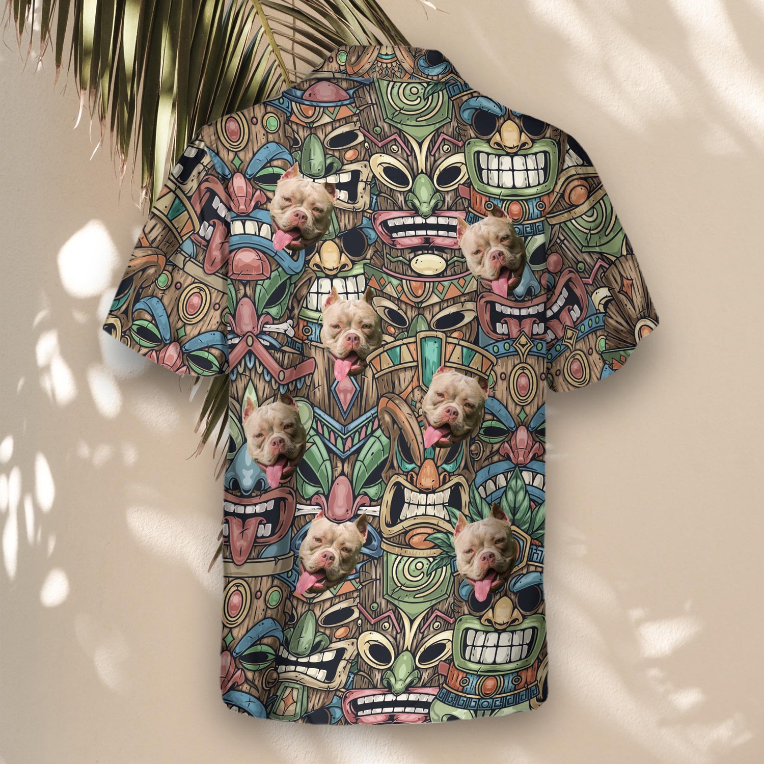 Fun custom Hawaiian shirts with faces on them, featuring bold Tiki mask designs, perfect for customizing and adding a playful tropical touch to any event.