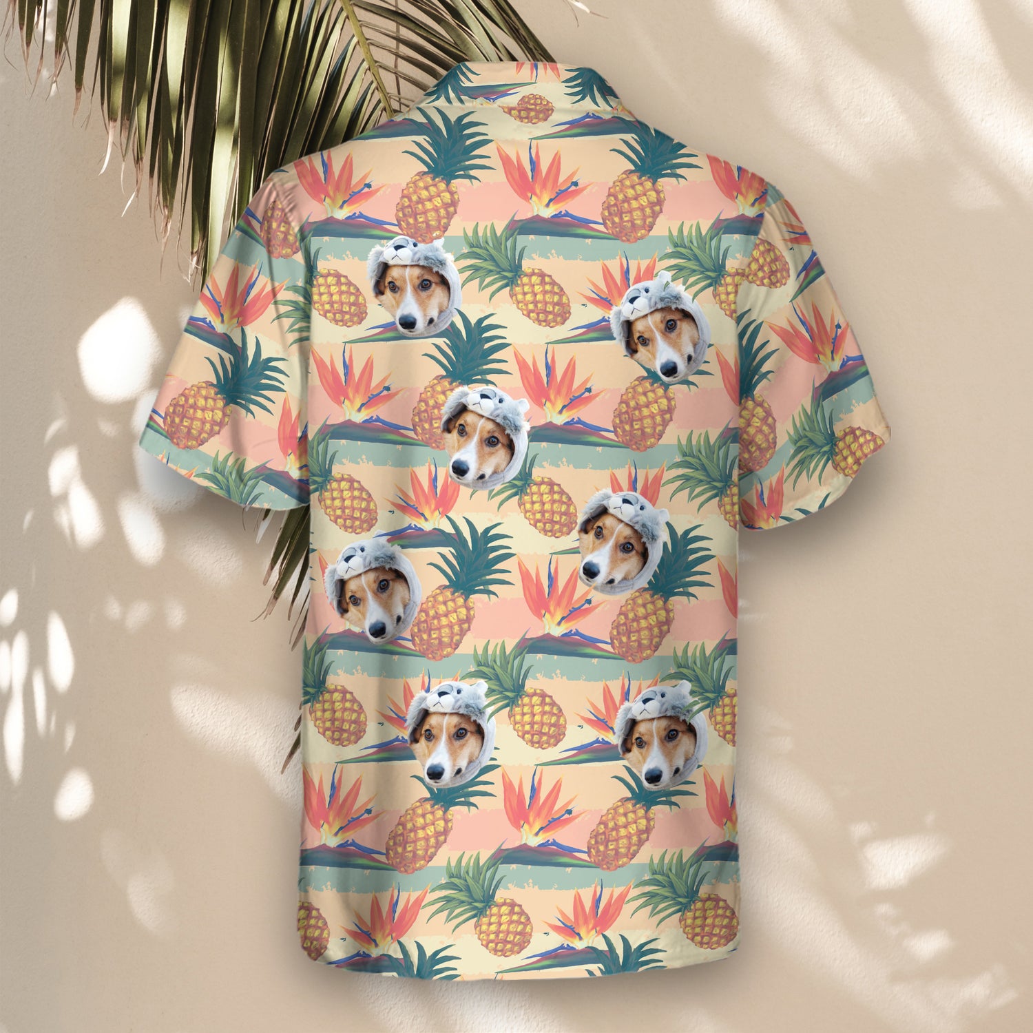Vibrant custom Hawaiian shirts with faces on them, featuring bird of paradise flowers and pineapples, perfect for standing out with a bold, nature-inspired look.