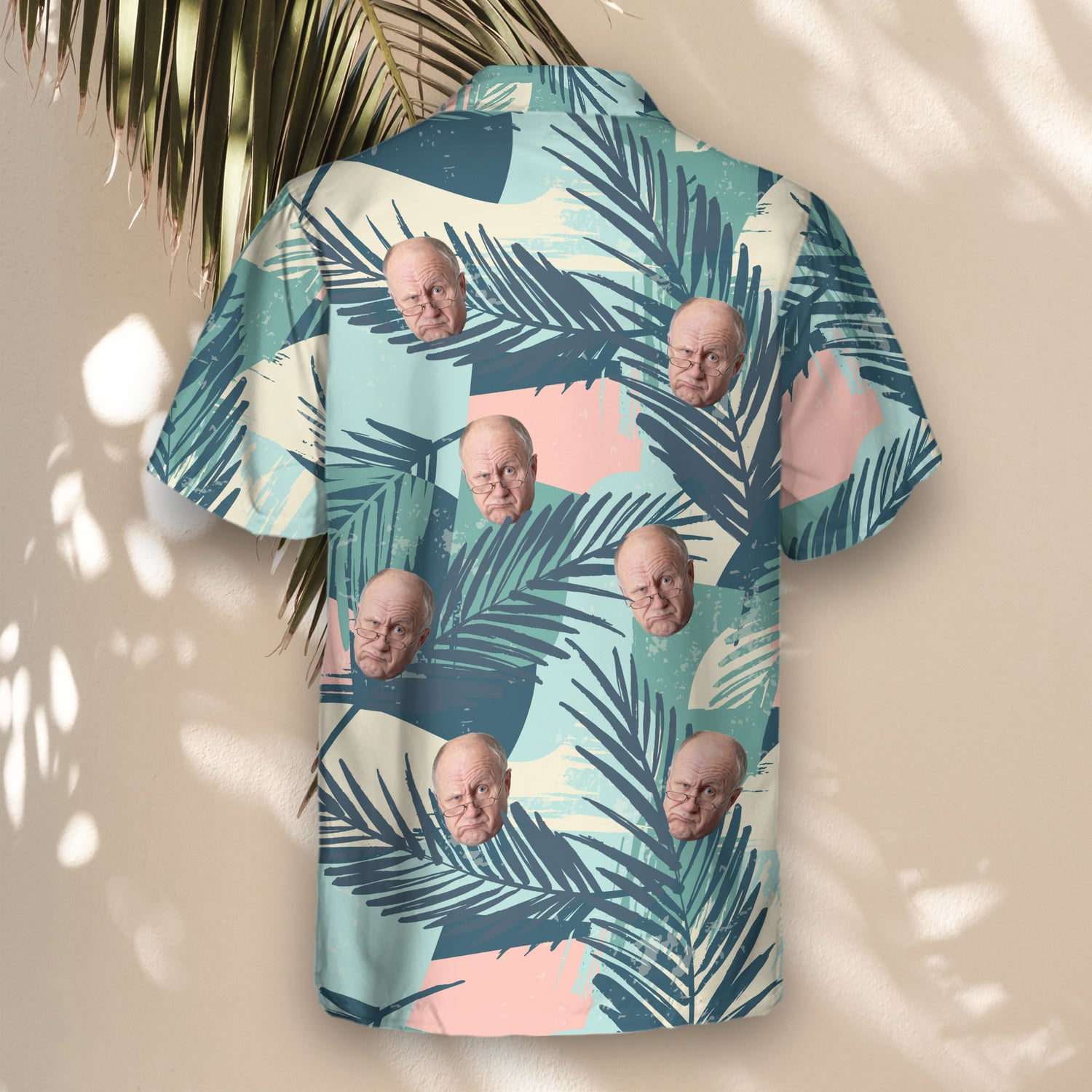 Bold custom Hawaiian shirts with color blocks and palm leaves. Add faces on them for a lightweight, eye-catching tropical style perfect for any event.