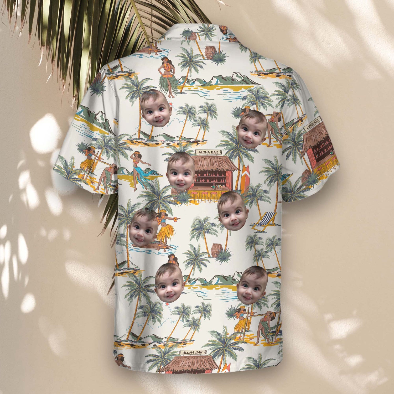 Tropical custom Hawaiian shirts with palm and coconut trees. Add faces on them for a lightweight, stylish look ideal for any fun getaway.
