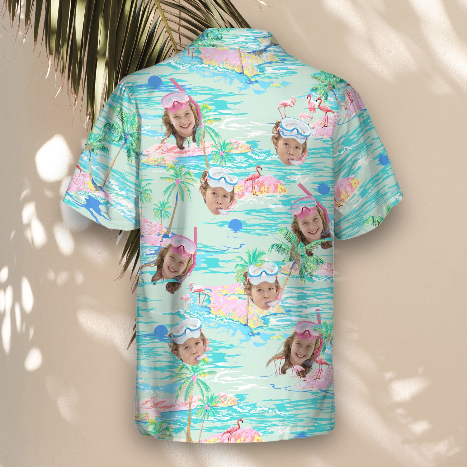 Vibrant custom Hawaiian shirts with flamingos and palm trees. Add faces on them for a lightweight, playful design perfect for any tropical adventure.
