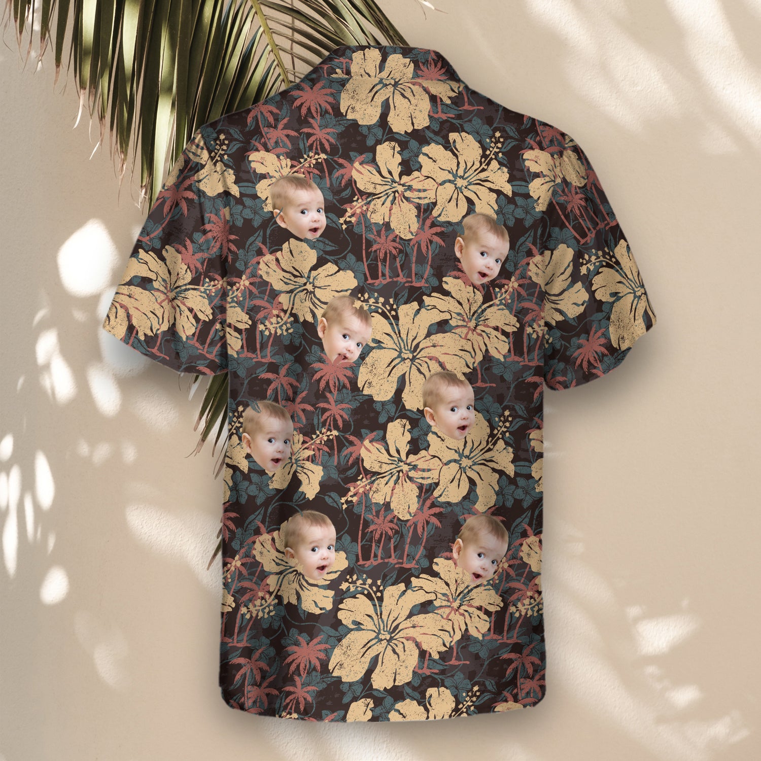 Vibrant custom Hawaiian shirts with hibiscus flowers and palm trees against a grunge backdrop. Add faces on them for a relaxed, stylish tropical vibe.