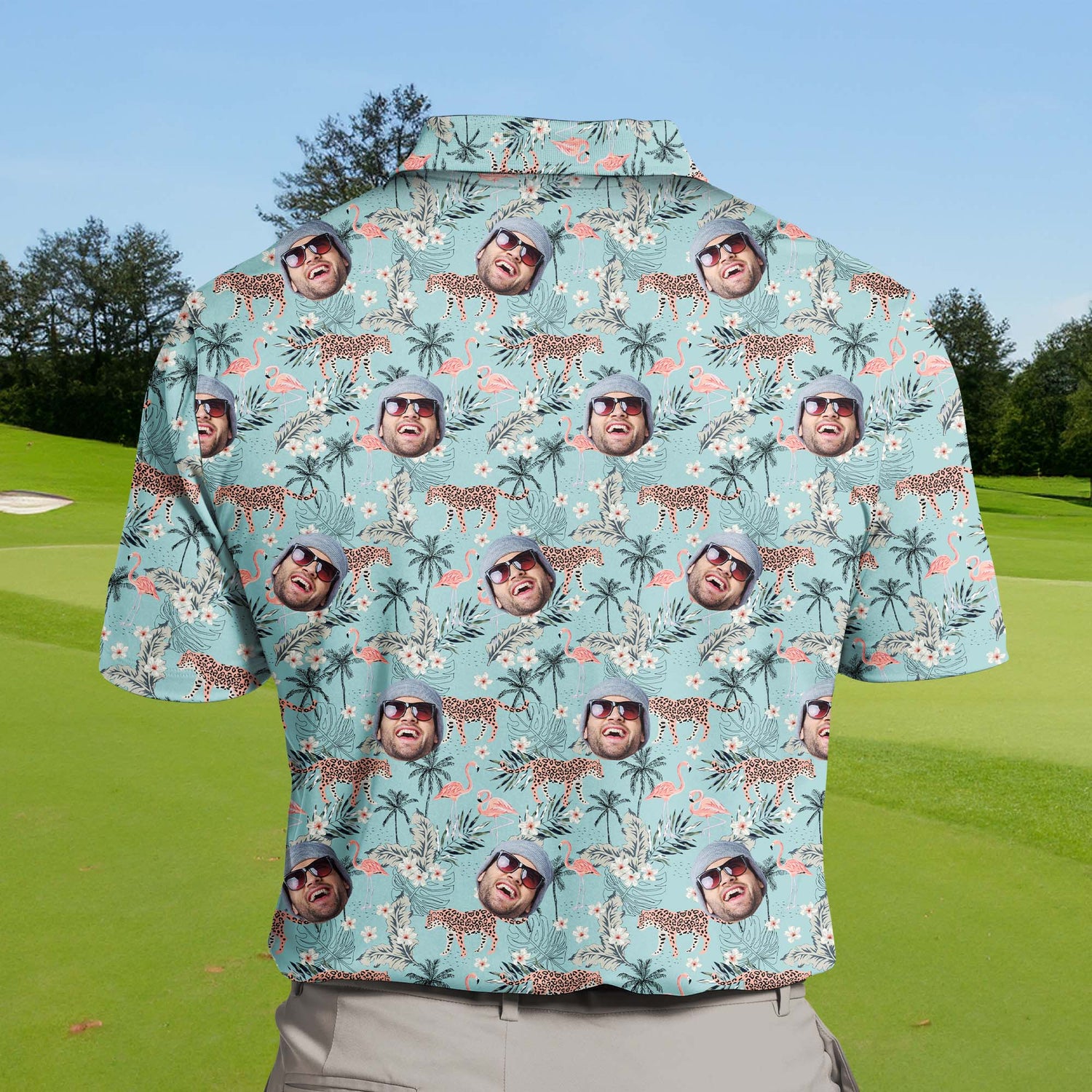 Personalized funny golf shirts with faces on them, designed with tropical themes and breathable cooling fabric.
