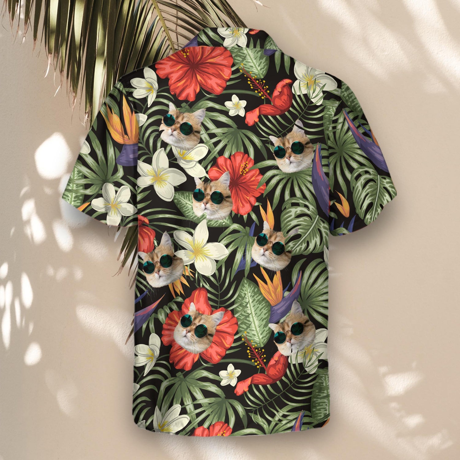 Vibrant custom Hawaiian shirts with tropical flowers like frangipani and hibiscus. Add faces on them for a nature-inspired, tropical feel.