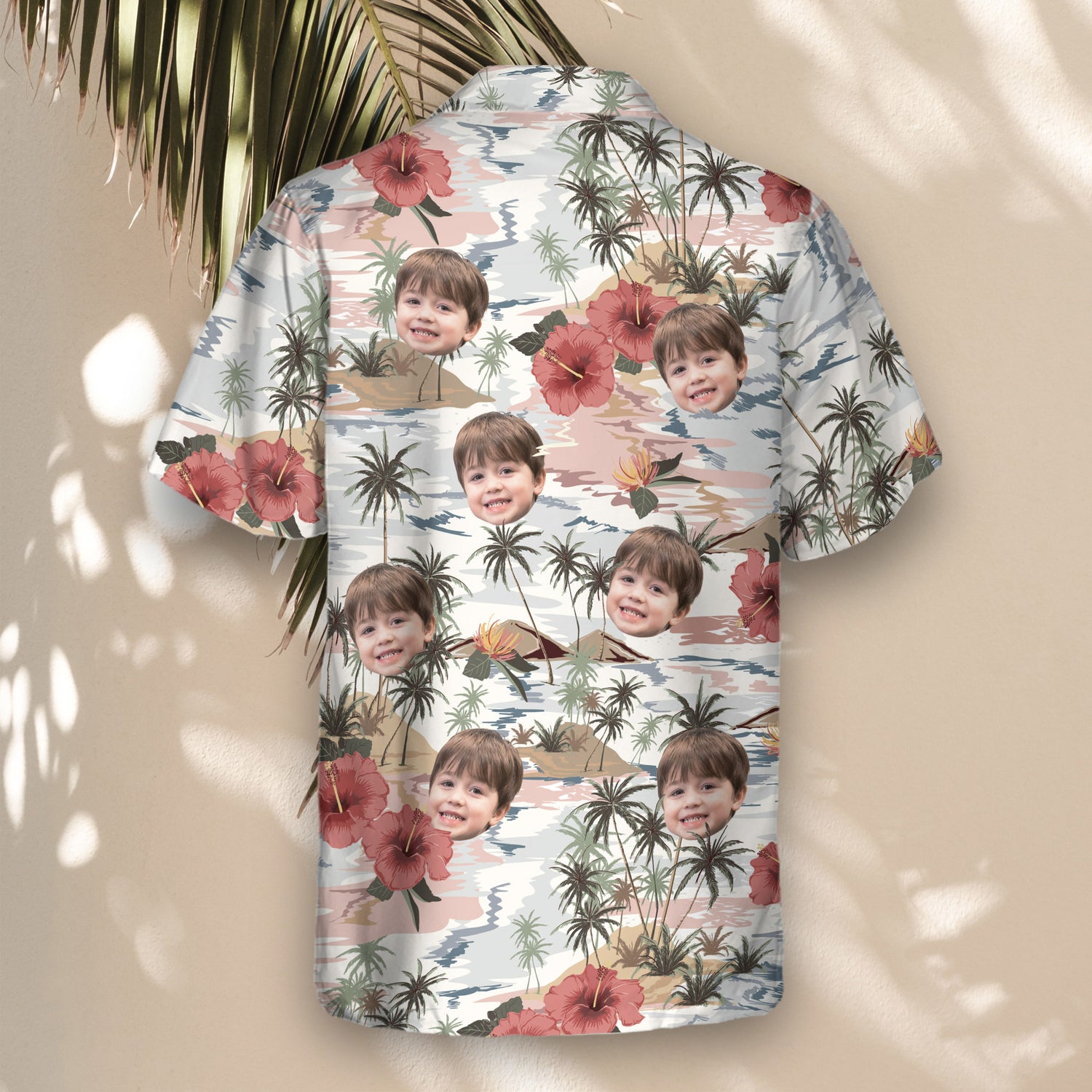 Custom Hawaiian shirts with bright hibiscus flowers and palm trees. Personalize with faces on them for a vibrant, tropical adventure-ready look.