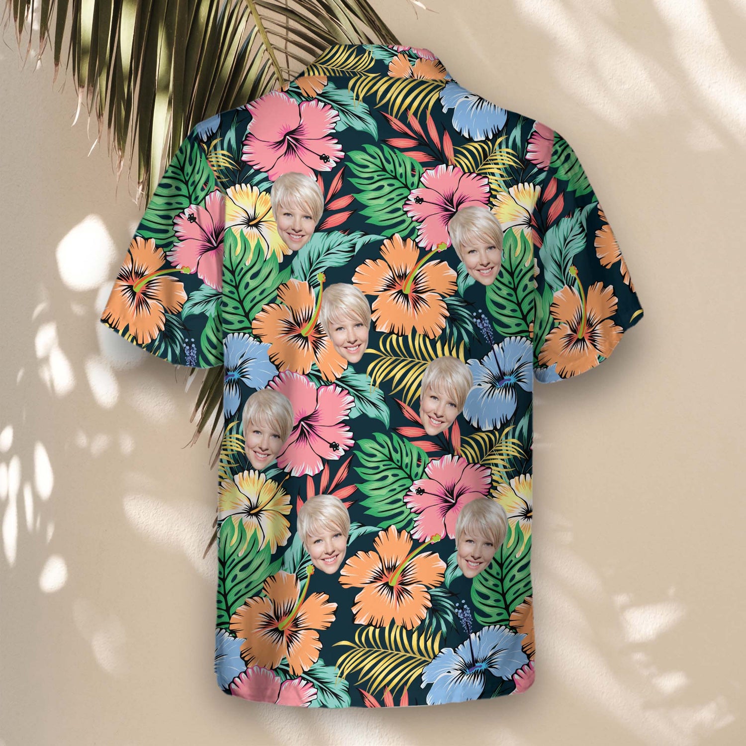 Lively and bold custom Hawaiian shirts with faces on them, featuring tropical flowers, palm trees, and waves for a perfect summer look.