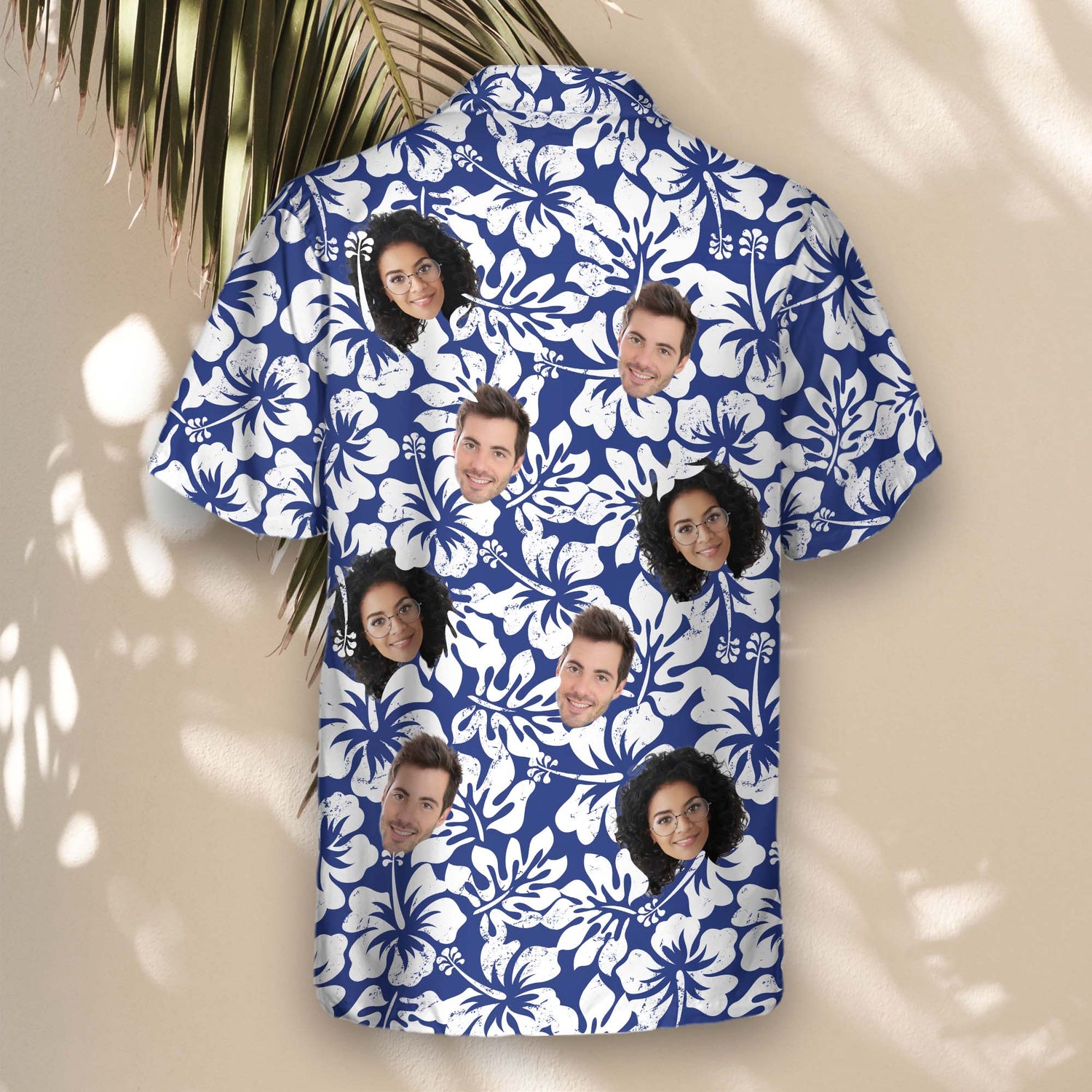 Custom Hawaiian shirts with faces on them, featuring vibrant tropical patterns with palm trees and ocean waves for a stylish summer look.