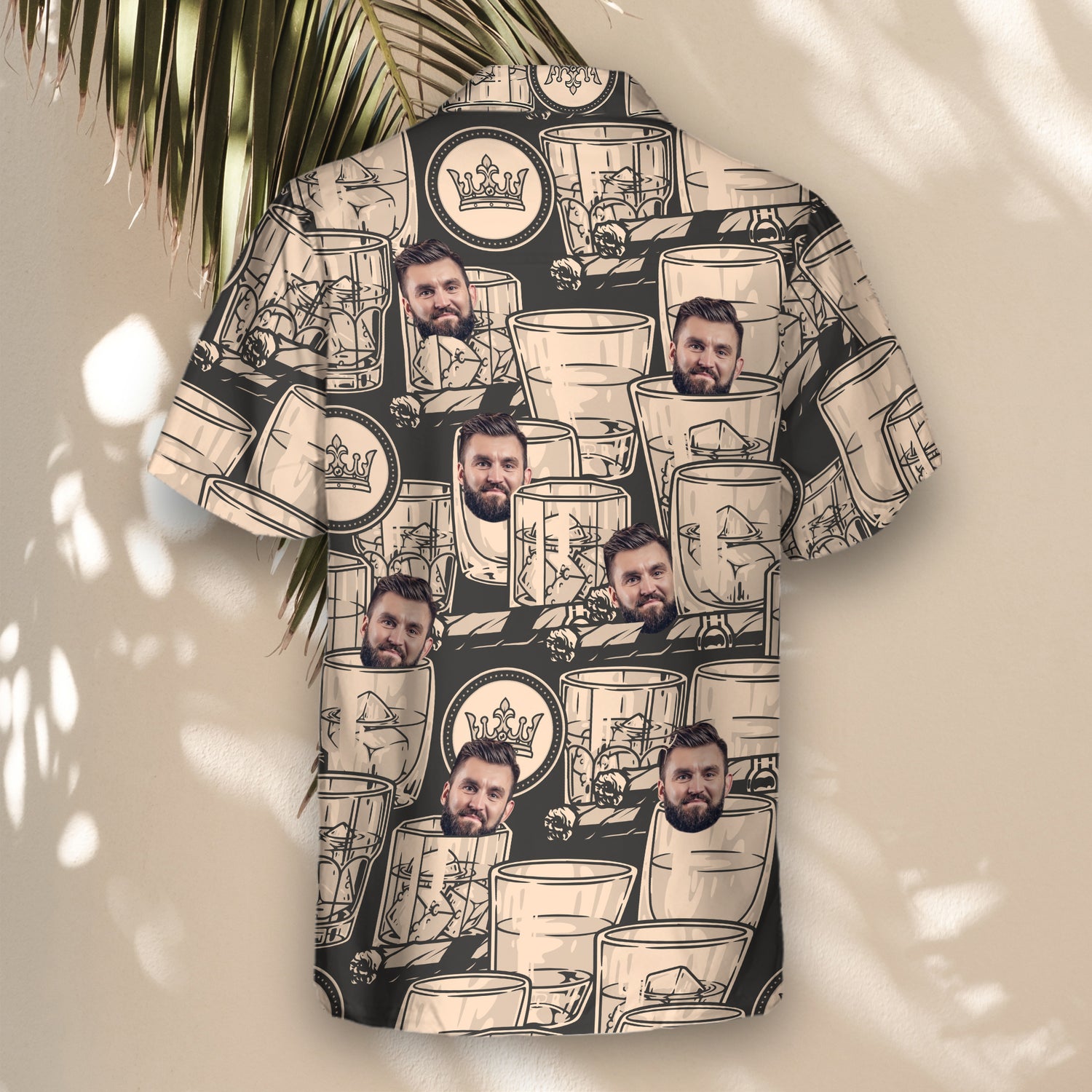 Elevate your style with custom Hawaiian shirts in black and antique ivory whiskey and cigar designs. Customize shirts with faces on them for a unique touch.