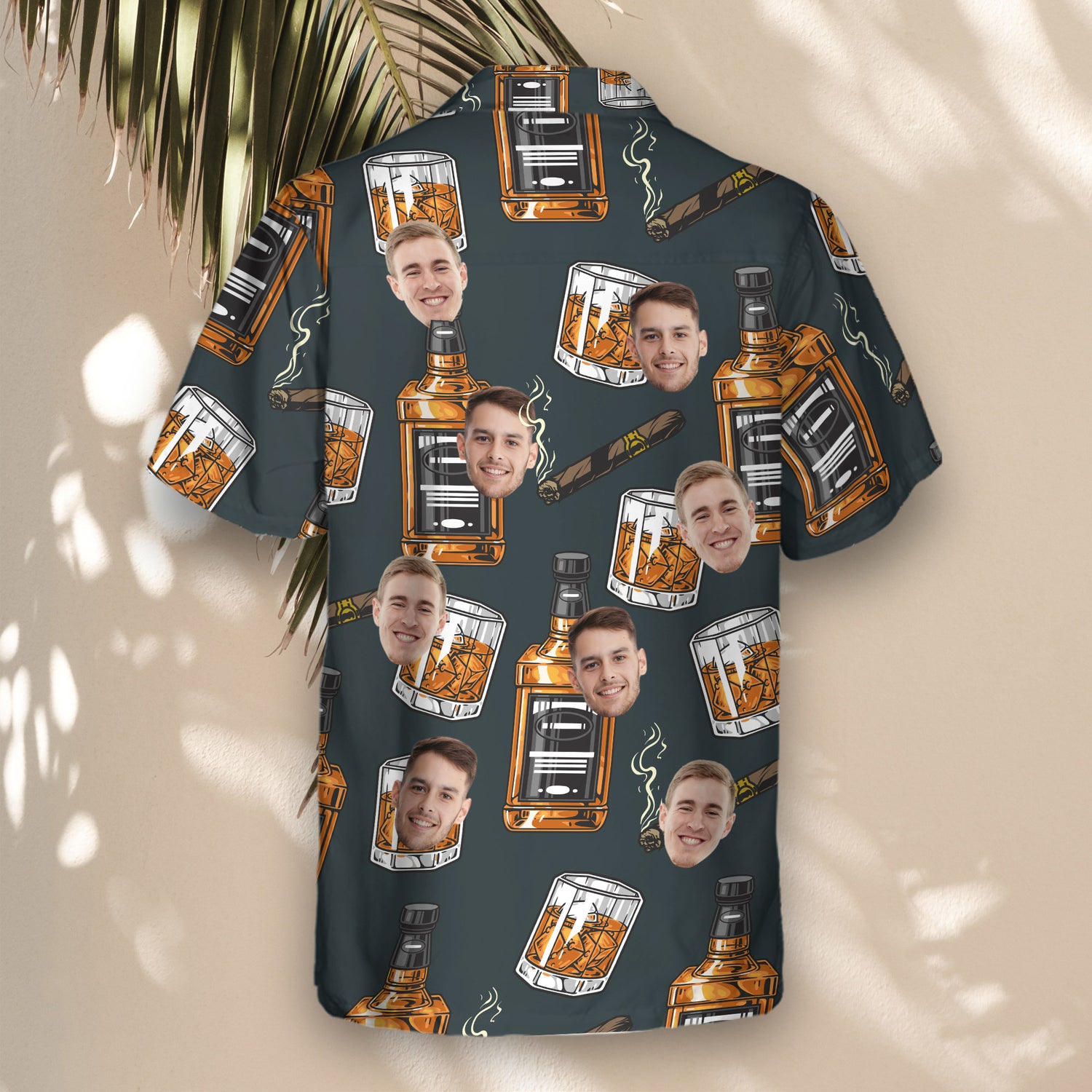 Custom Hawaiian shirts with whiskey glasses and cigars. Personalize shirts with faces on them for a unique, laid-back vibe that’s perfect for any occasion.