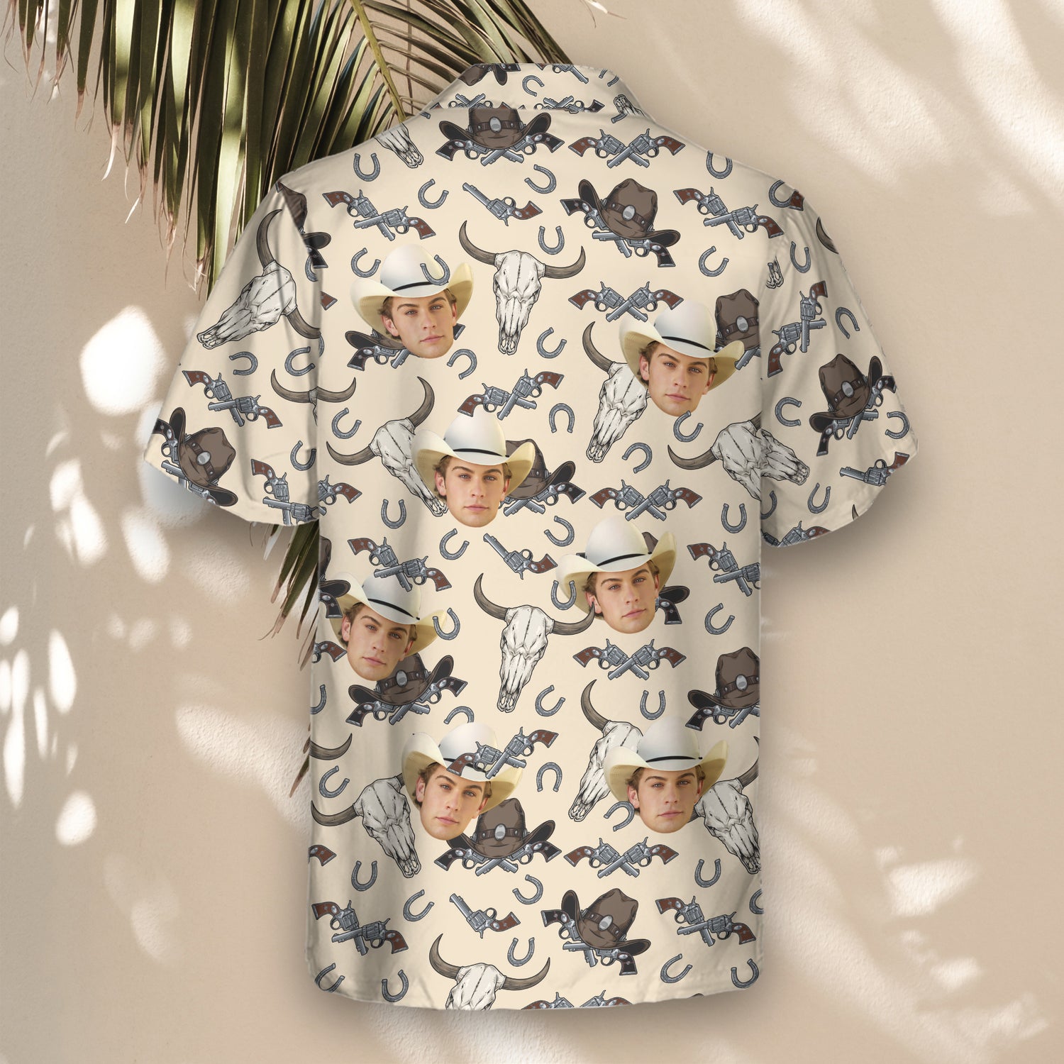 Ride into style with Wild West Justice custom Hawaiian shirts with faces on them, featuring classic western elements like spurs, hats, and revolvers.